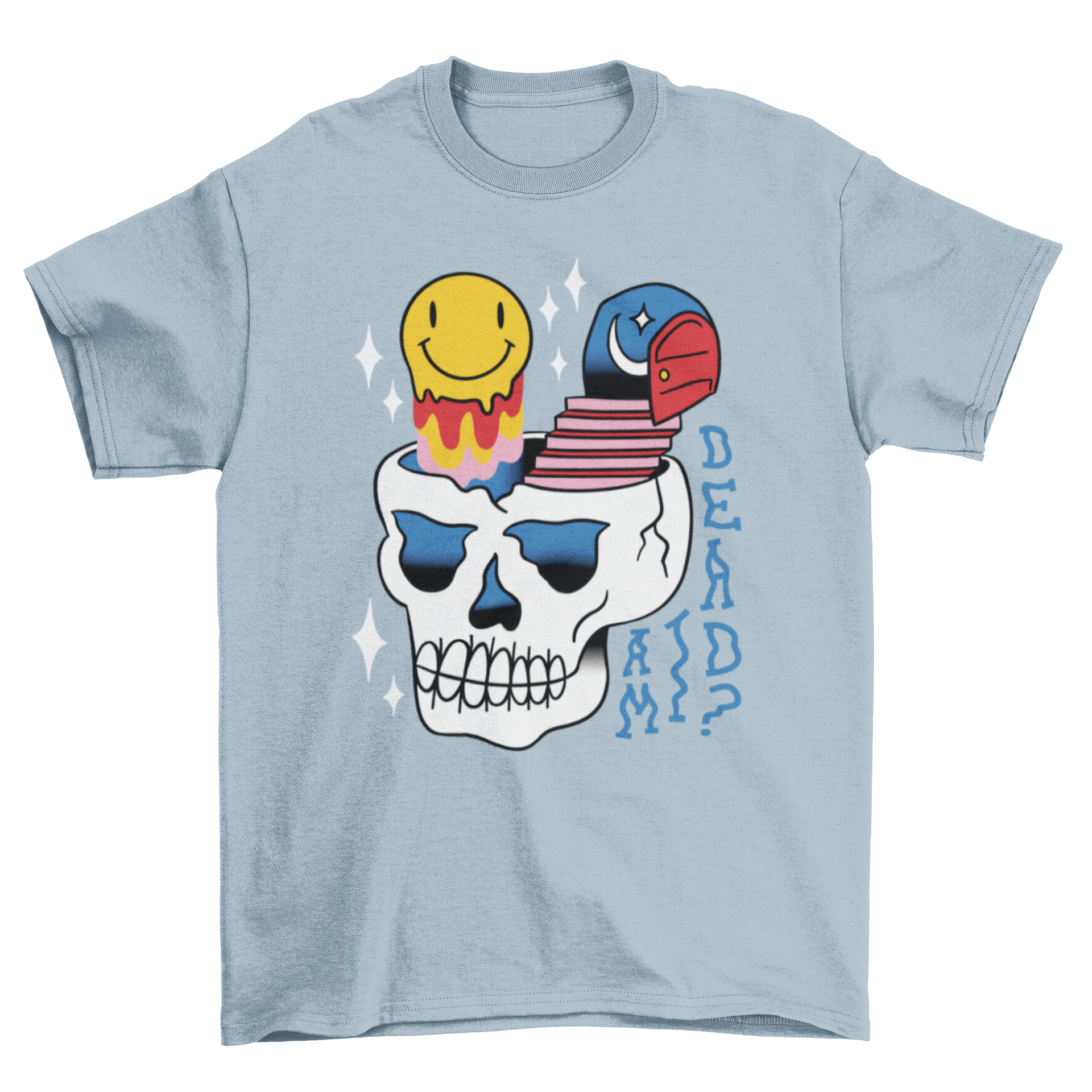 A vibrant t-shirt featuring a psychedelic skull design with a cracked head, stairs, and a smiley face emerging from it.