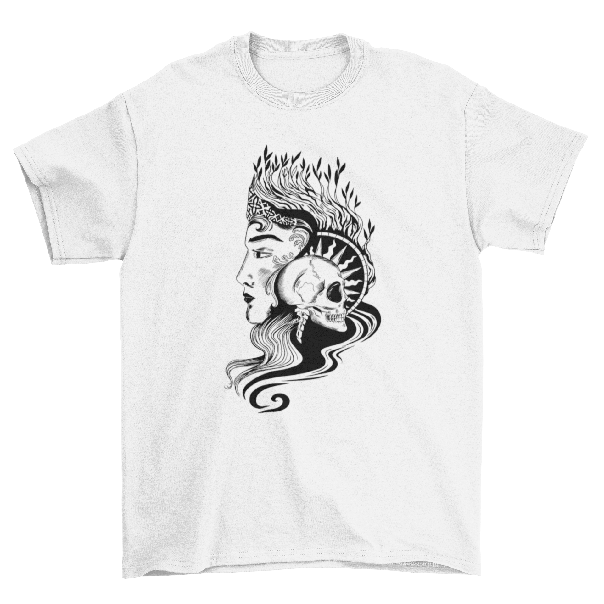 Skull Queen Dark Art Nouveau T-Shirt featuring a crowned woman and skeleton design.