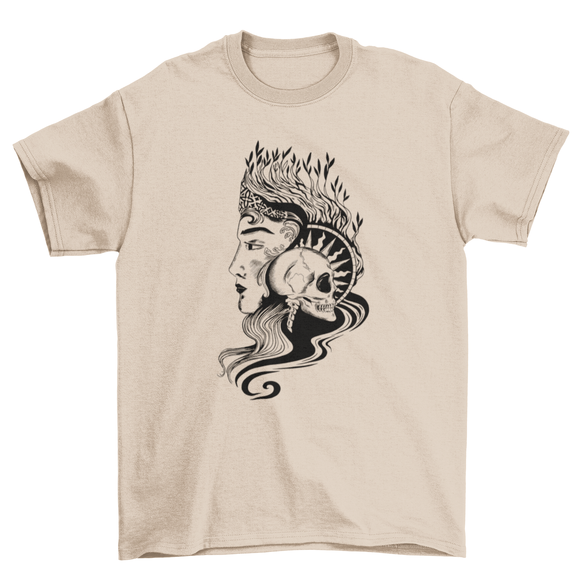 Skull Queen Dark Art Nouveau T-Shirt featuring a crowned woman and skeleton design.