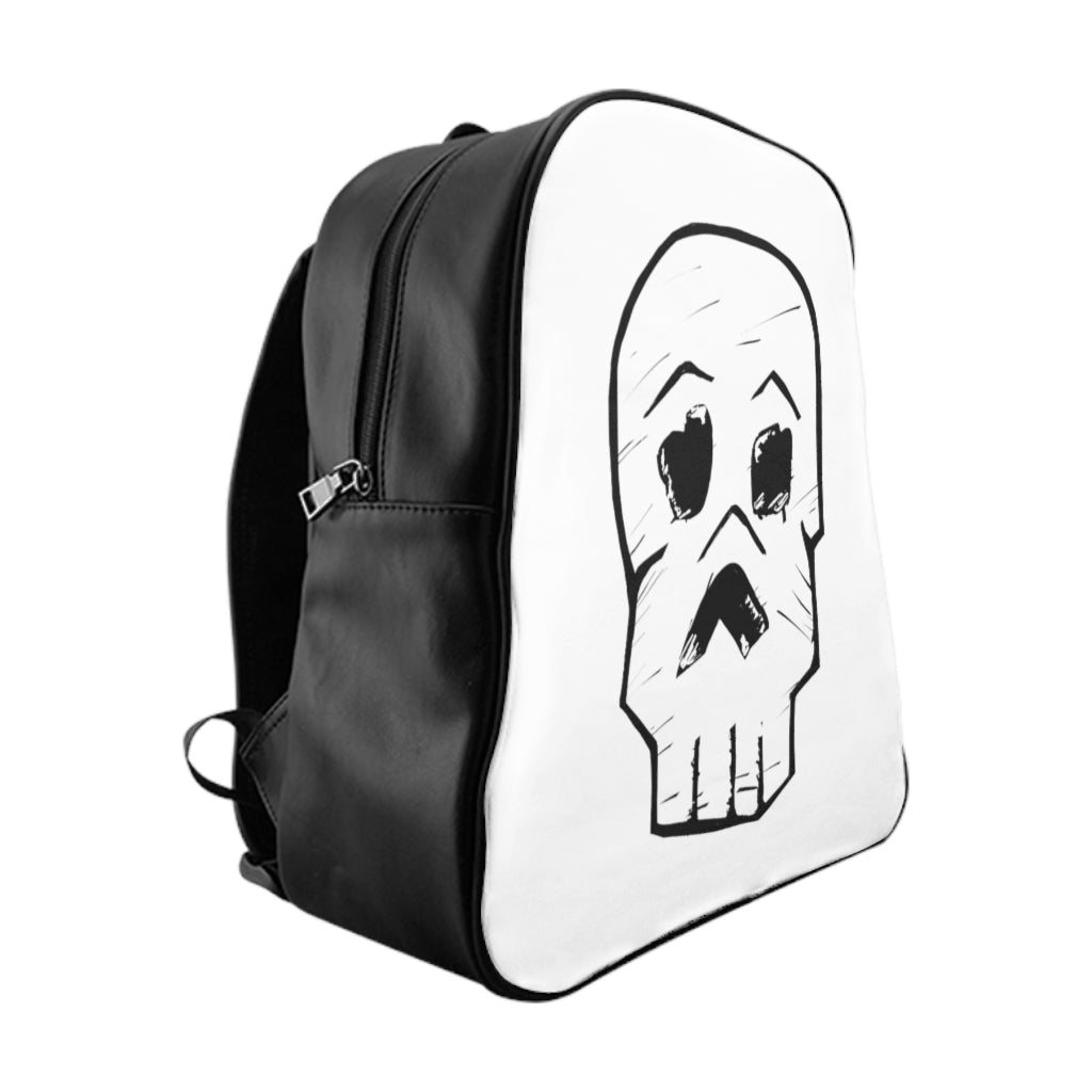 Skull School Backpack featuring a stylish skull design, padded back, and multiple pockets for organization.