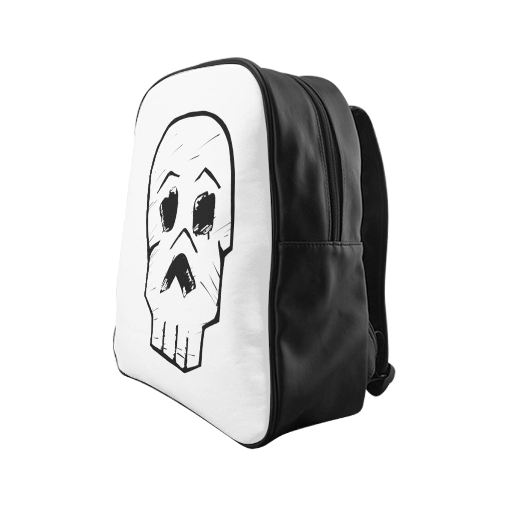 Skull School Backpack featuring a stylish skull design, padded back, and multiple pockets for organization.