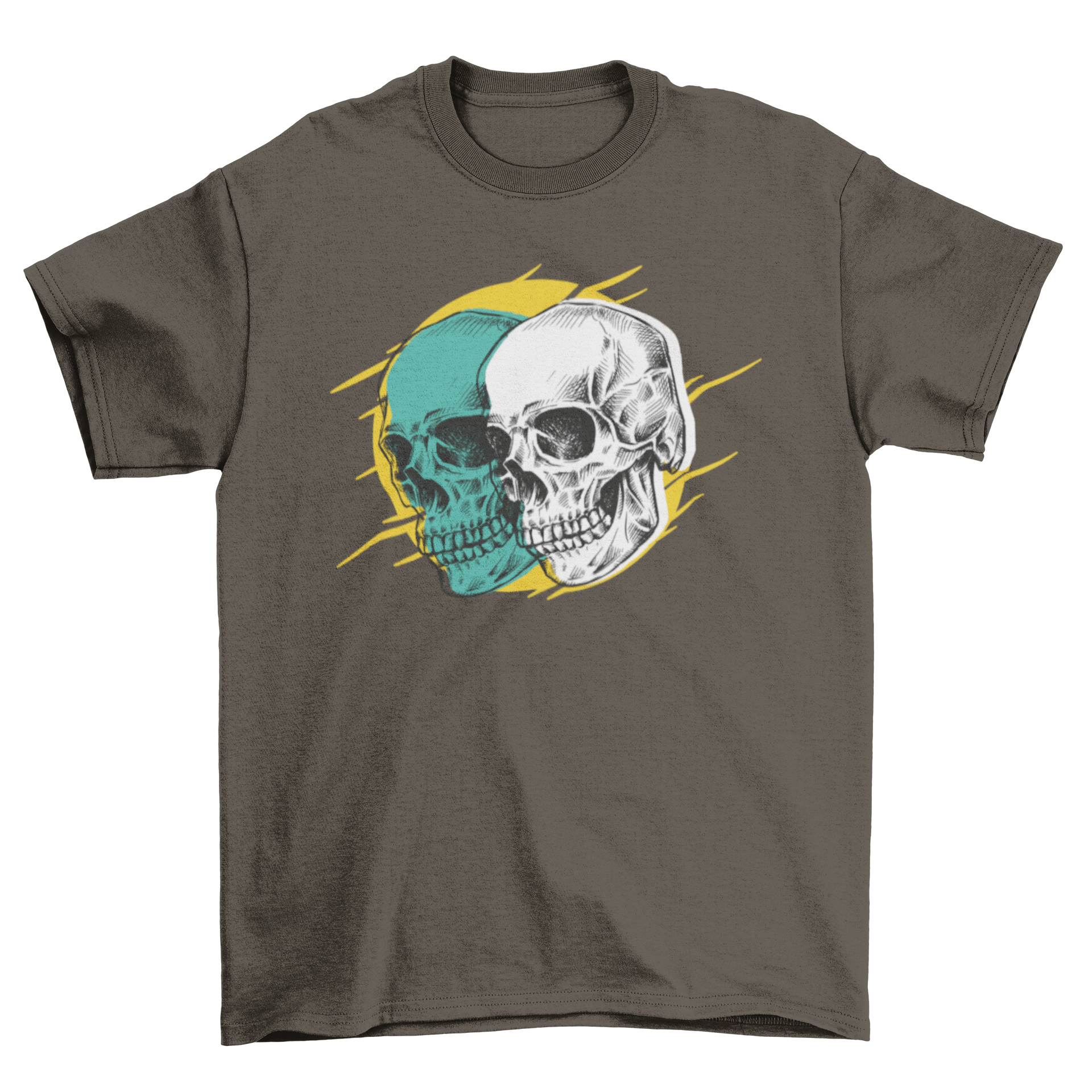 A stylish t-shirt featuring an artistic illustration of two skulls, perfect for casual wear.