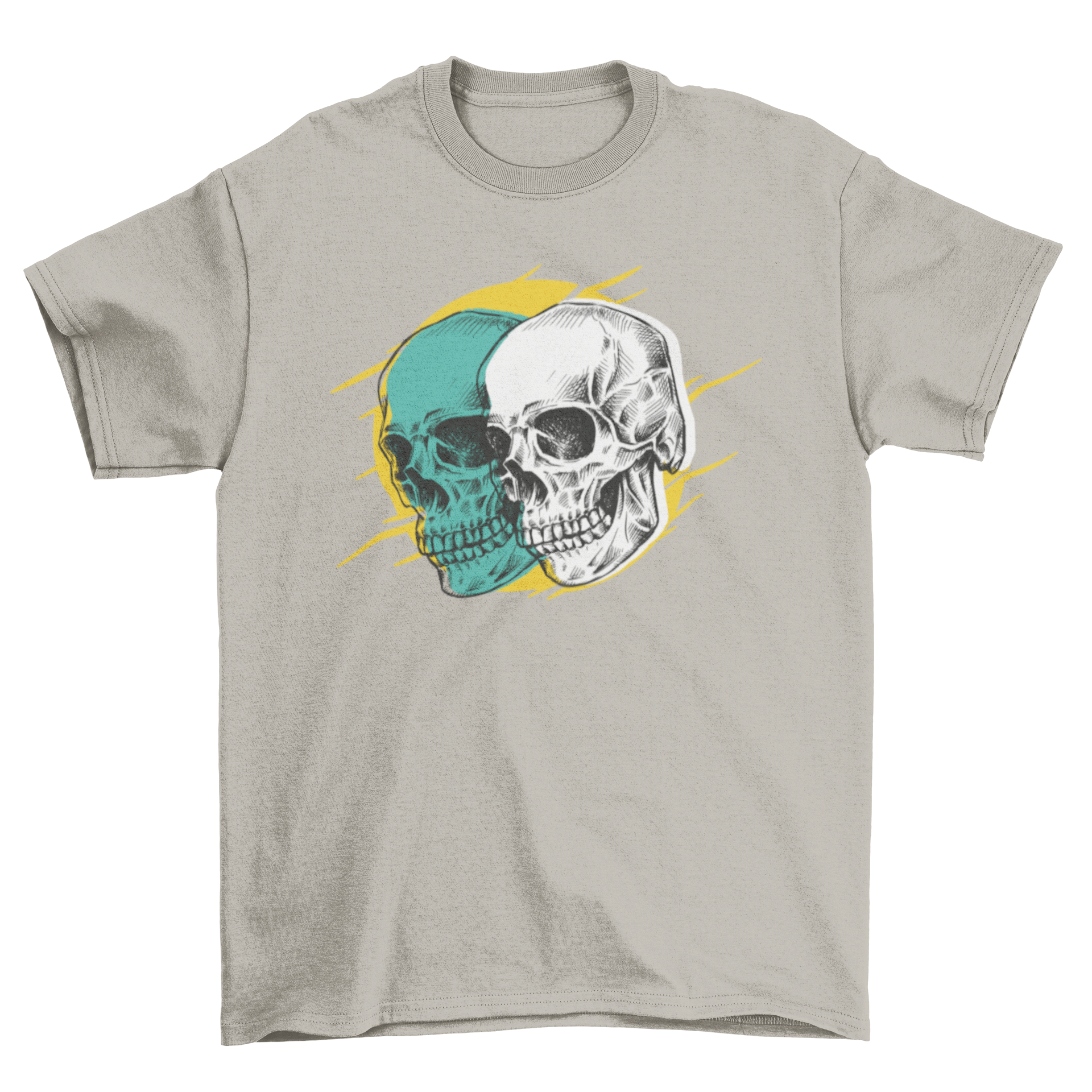 A stylish t-shirt featuring an artistic illustration of two skulls, perfect for casual wear.