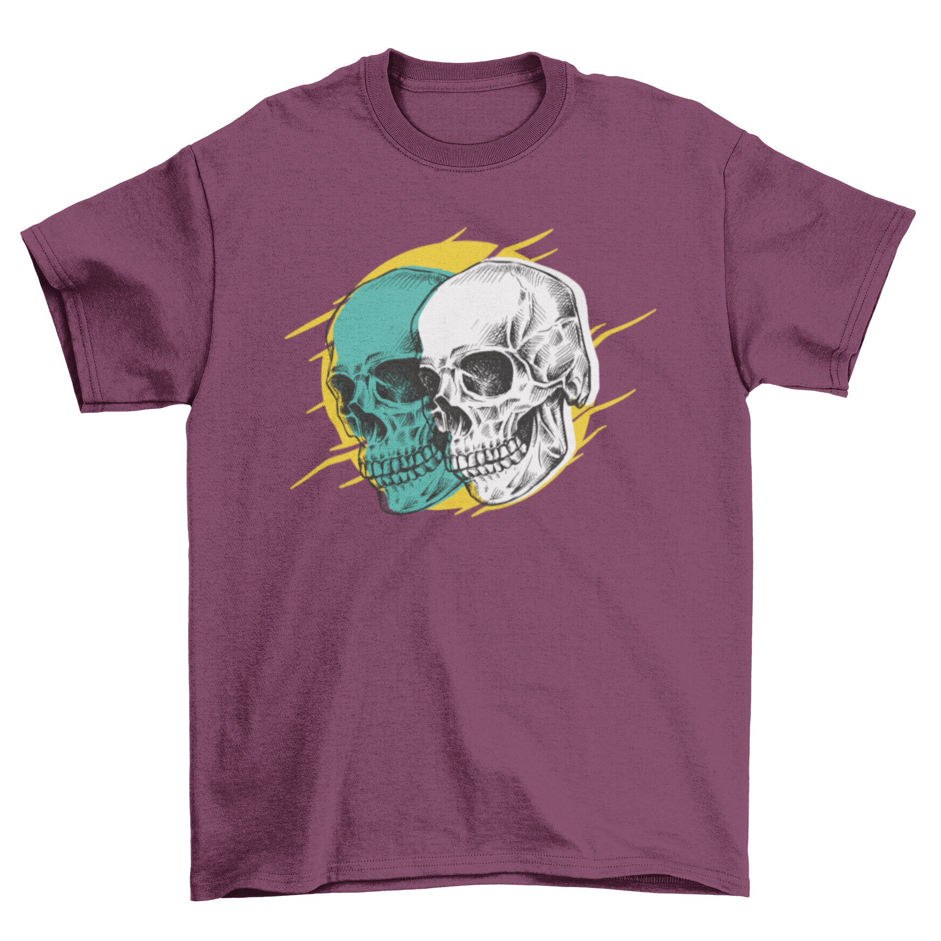 A stylish t-shirt featuring an artistic illustration of two skulls, perfect for casual wear.