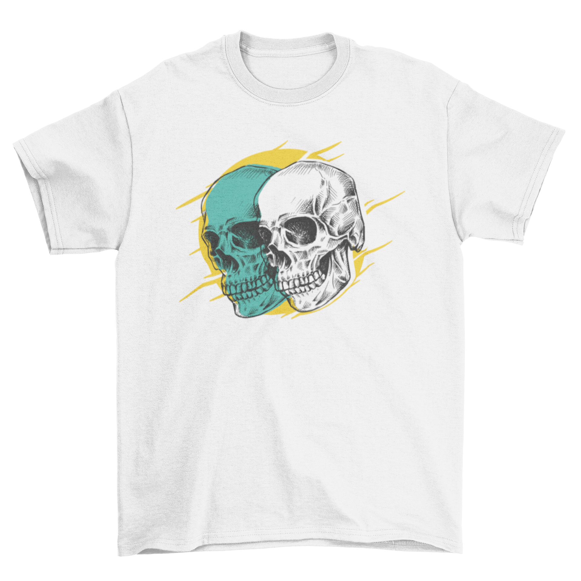 A stylish t-shirt featuring an artistic illustration of two skulls, perfect for casual wear.