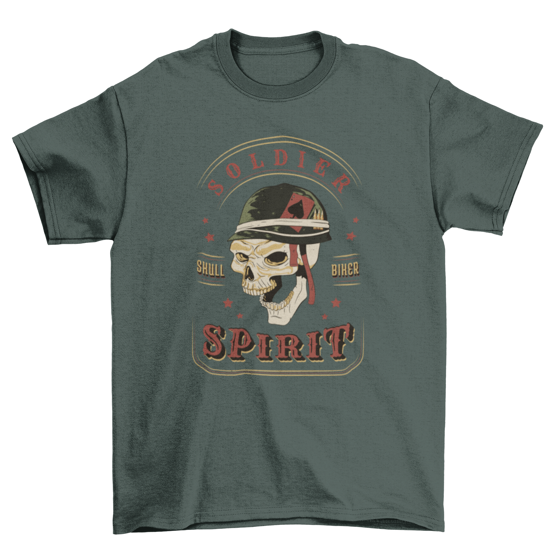 Skull Soldier T-Shirt featuring a detailed skull illustration and 'Soldier Spirit' caption, perfect for casual wear.