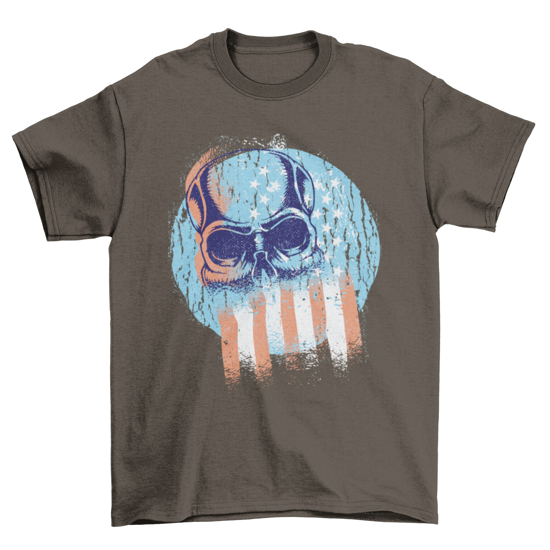 A Skull USA Flag T-shirt featuring a bold skull design with the USA flag on its back, perfect for patriotic occasions.