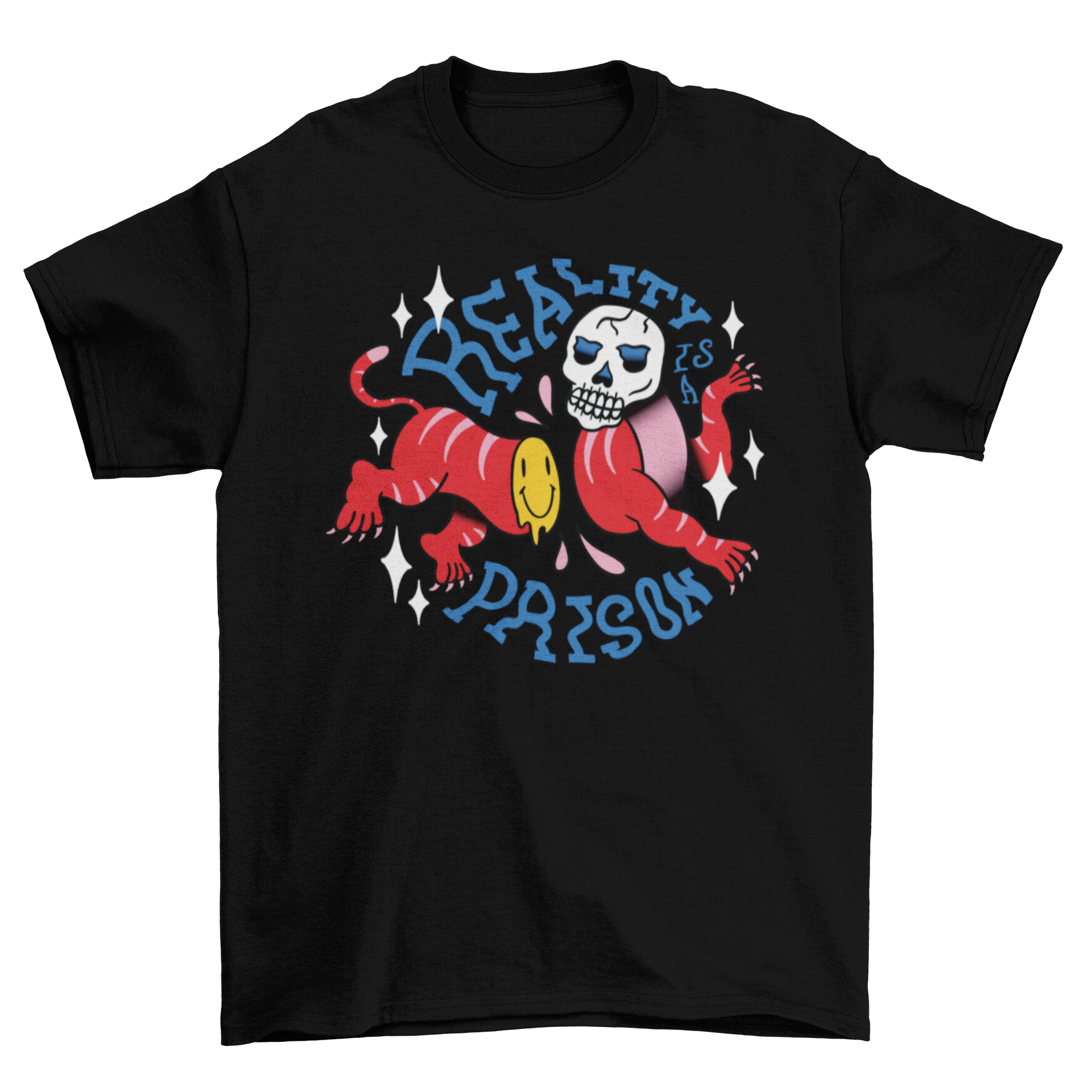 Skull Wild Animal Trippy T-Shirt featuring a big cat body and human skull face with the quote 'Reality is a prison'.