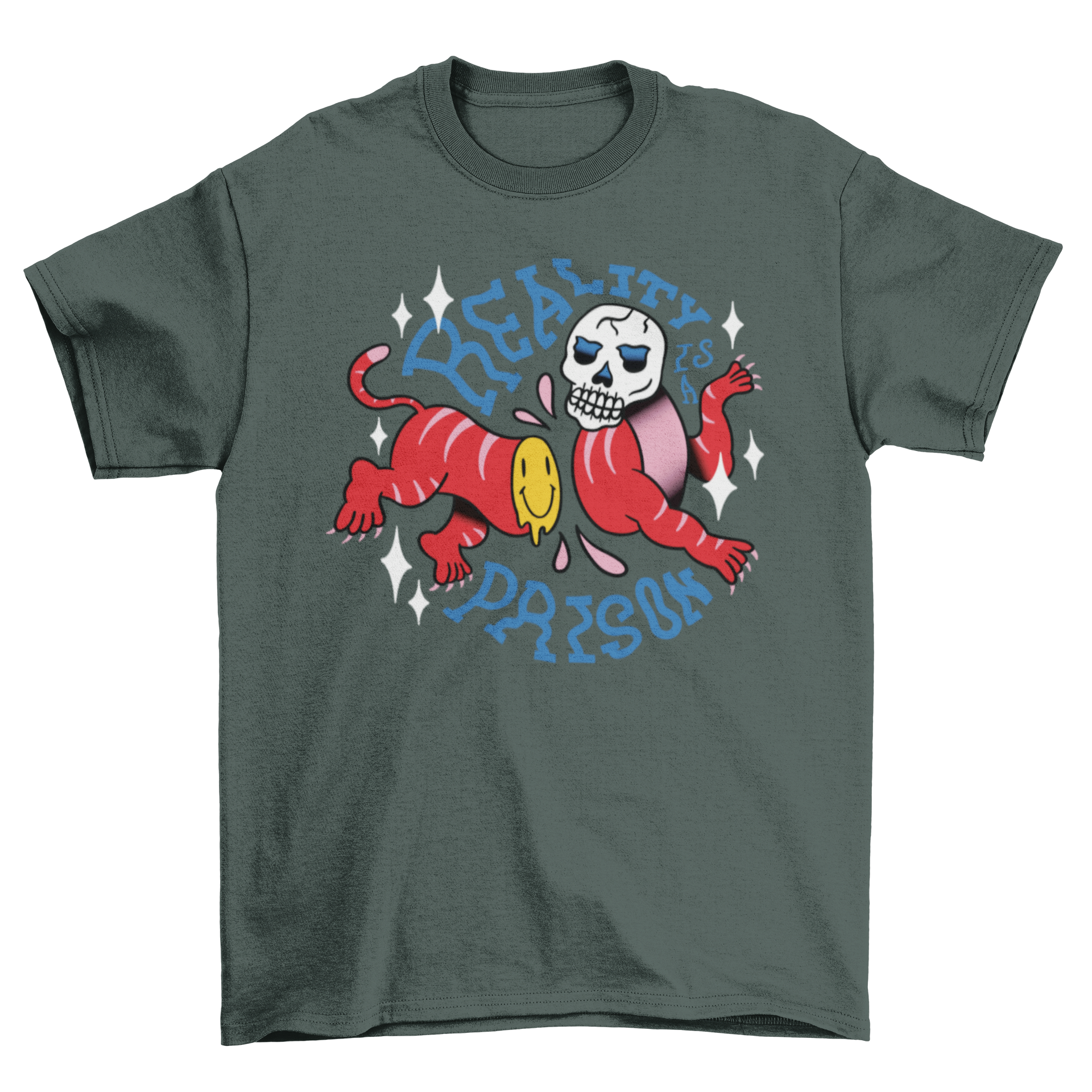 Skull Wild Animal Trippy T-Shirt featuring a big cat body and human skull face with the quote 'Reality is a prison'.