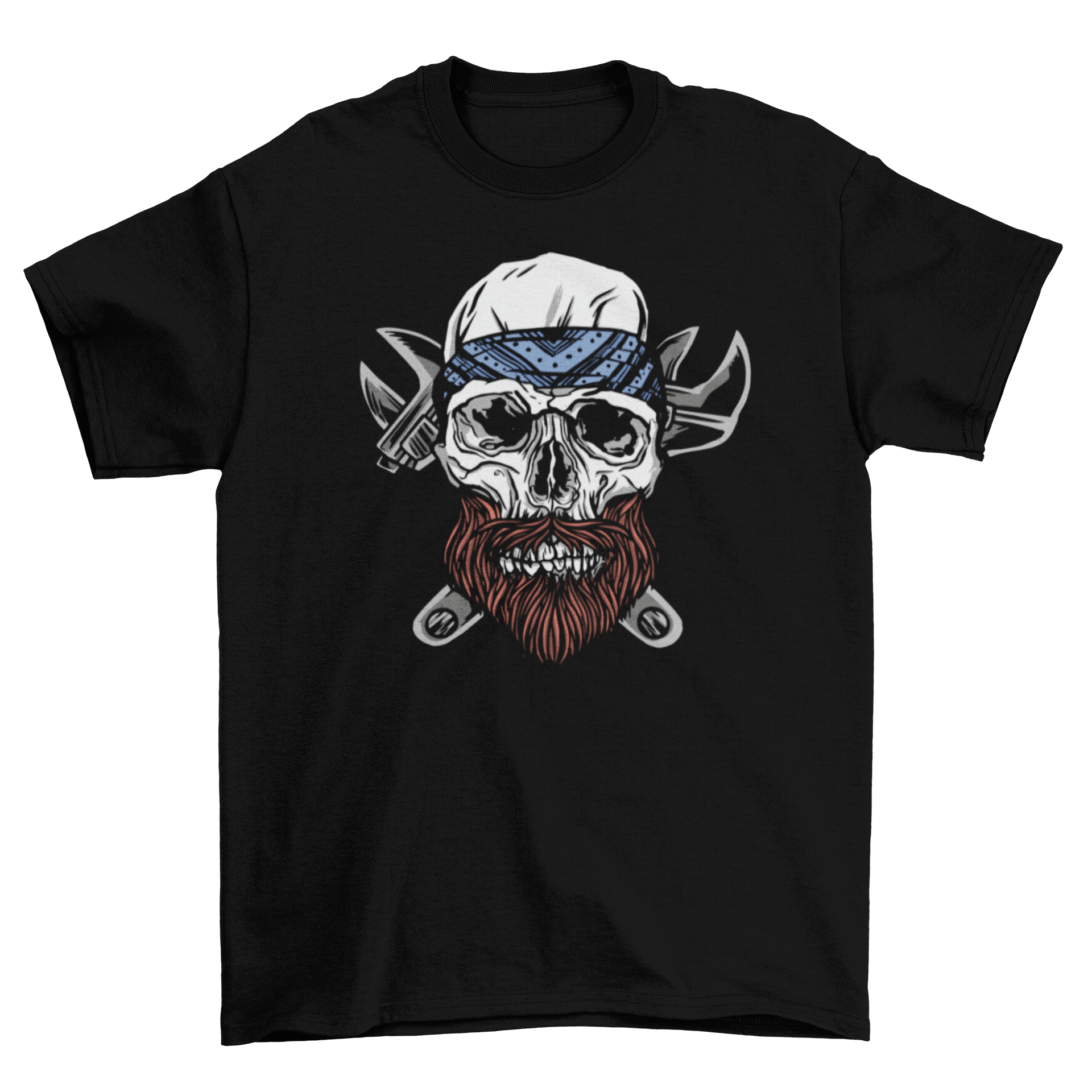 A stylish t-shirt featuring a skull with a beard and wrenches behind it, showcasing a unique and edgy design.