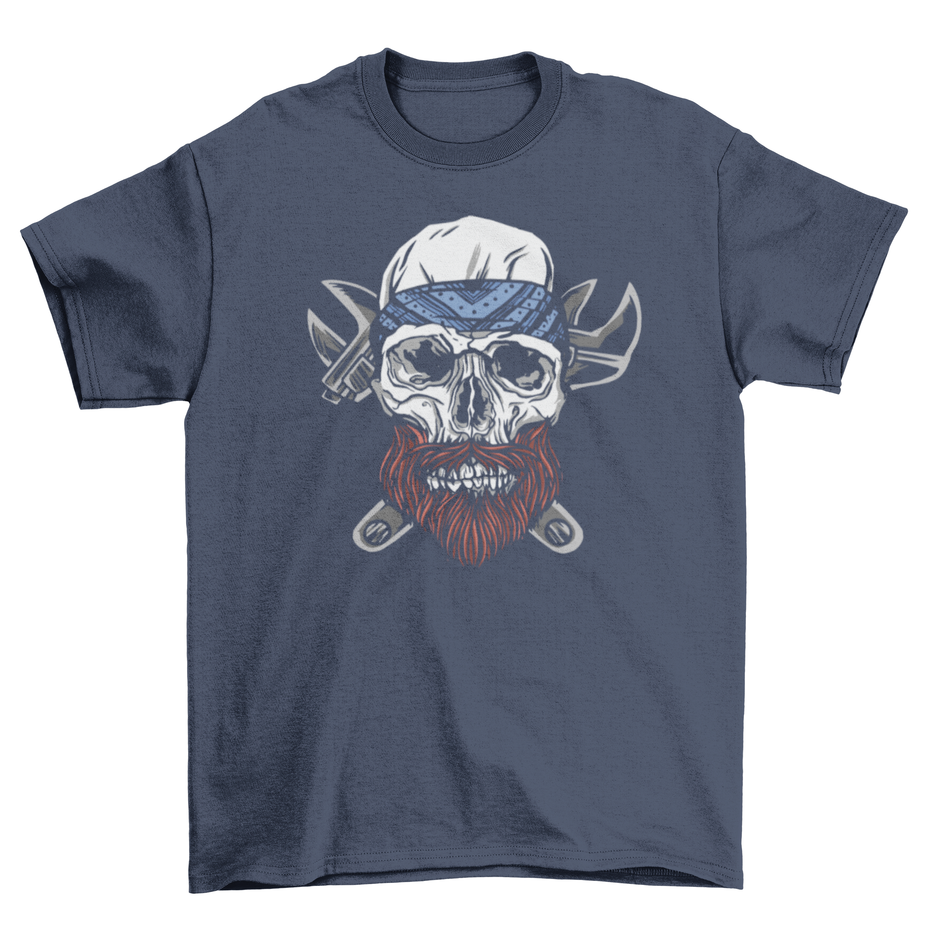 A stylish t-shirt featuring a skull with a beard and wrenches behind it, showcasing a unique and edgy design.