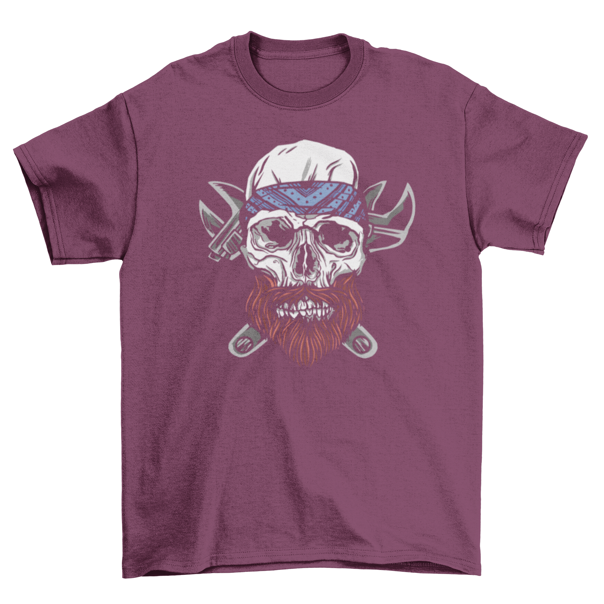 A stylish t-shirt featuring a skull with a beard and wrenches behind it, showcasing a unique and edgy design.