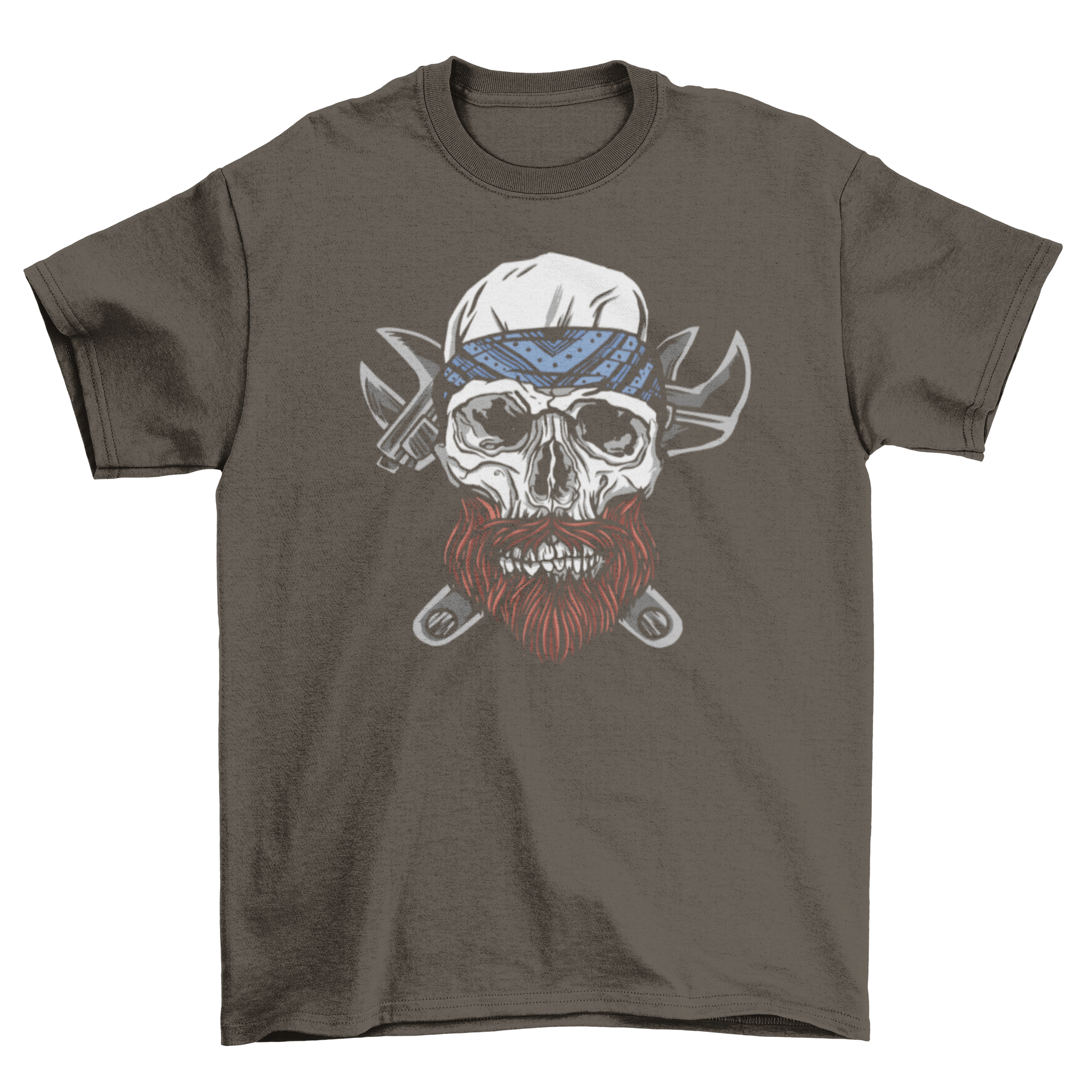 A stylish t-shirt featuring a skull with a beard and wrenches behind it, showcasing a unique and edgy design.