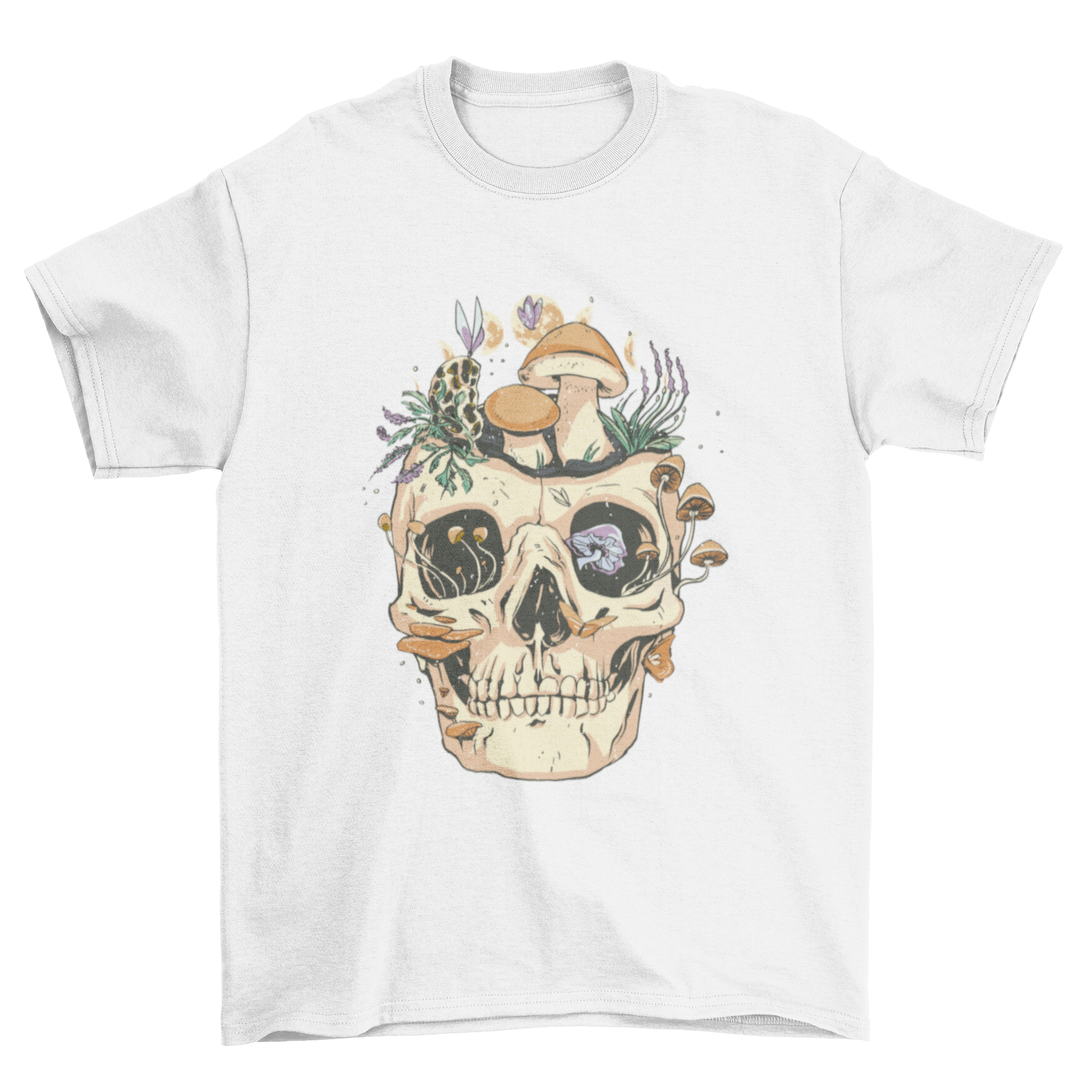 A stylish t-shirt featuring a detailed skull design surrounded by colorful mushrooms and flowers.