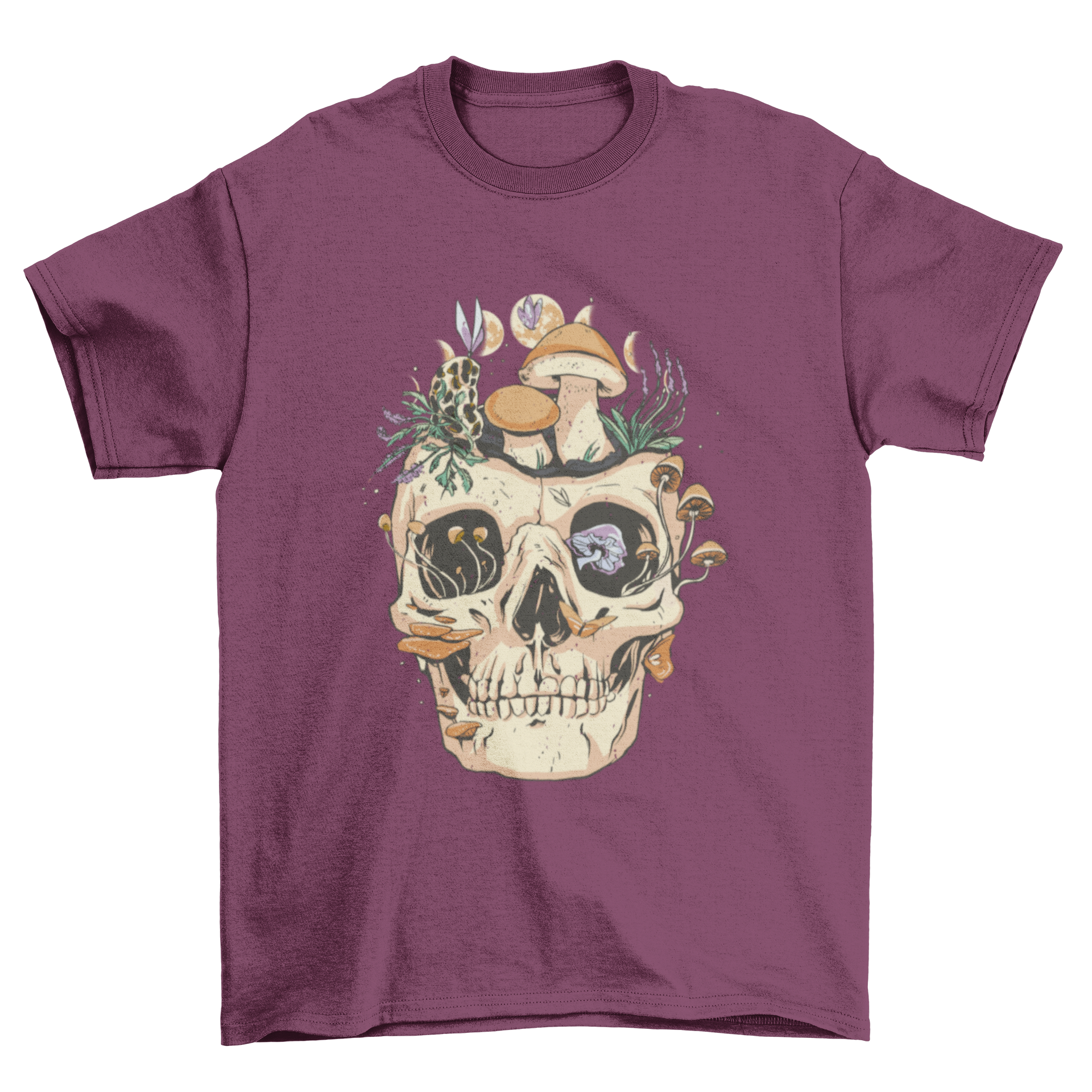 A stylish t-shirt featuring a detailed skull design surrounded by colorful mushrooms and flowers.