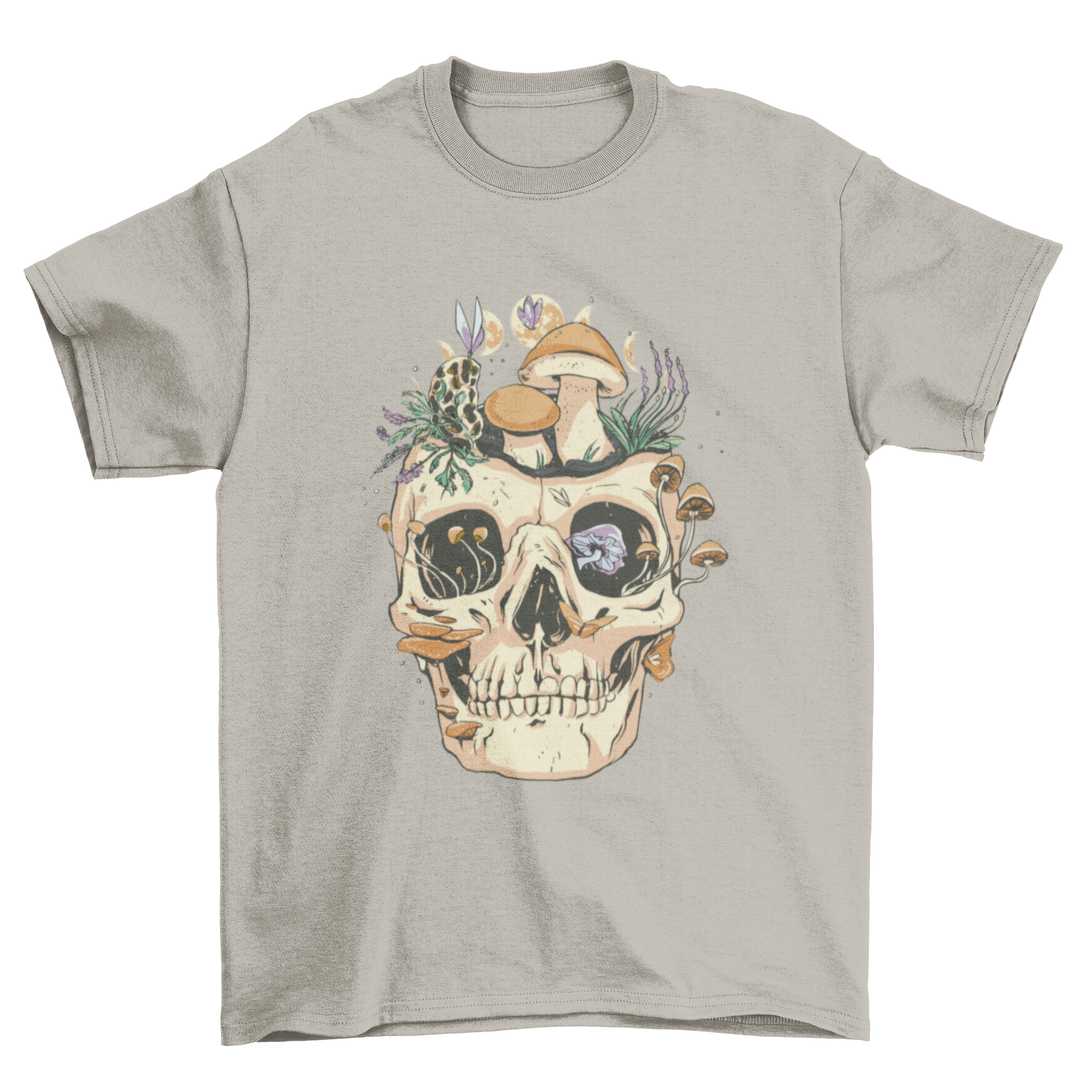 A stylish t-shirt featuring a detailed skull design surrounded by colorful mushrooms and flowers.