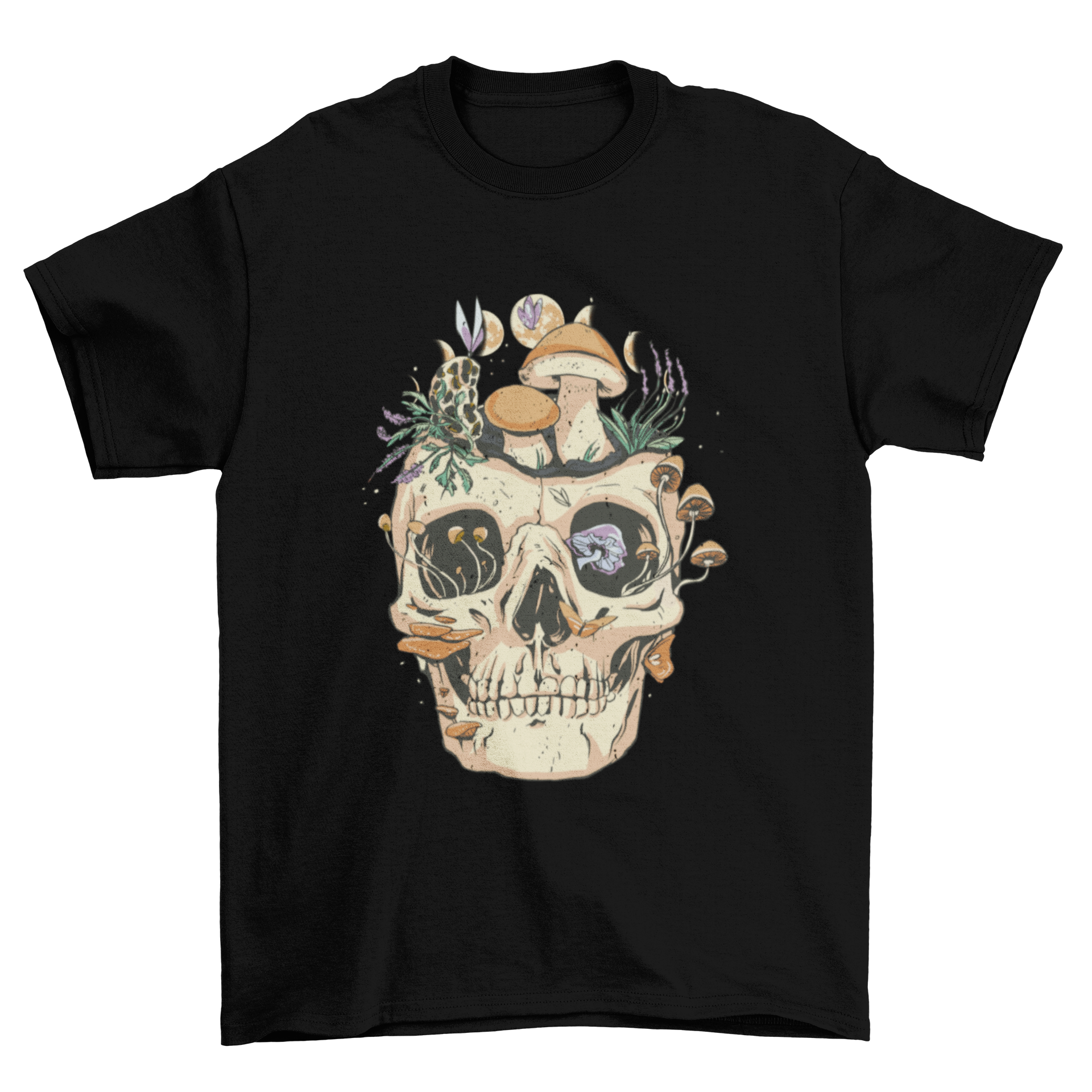 A stylish t-shirt featuring a detailed skull design surrounded by colorful mushrooms and flowers.