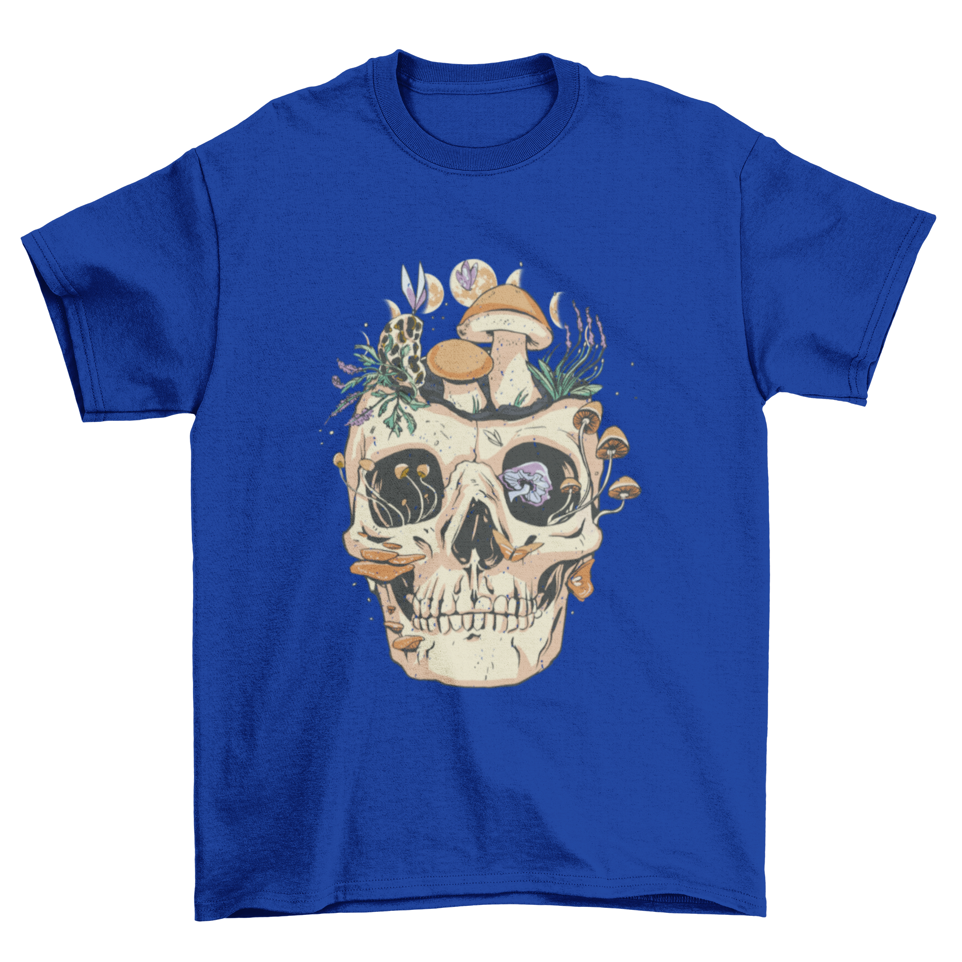 A stylish t-shirt featuring a detailed skull design surrounded by colorful mushrooms and flowers.