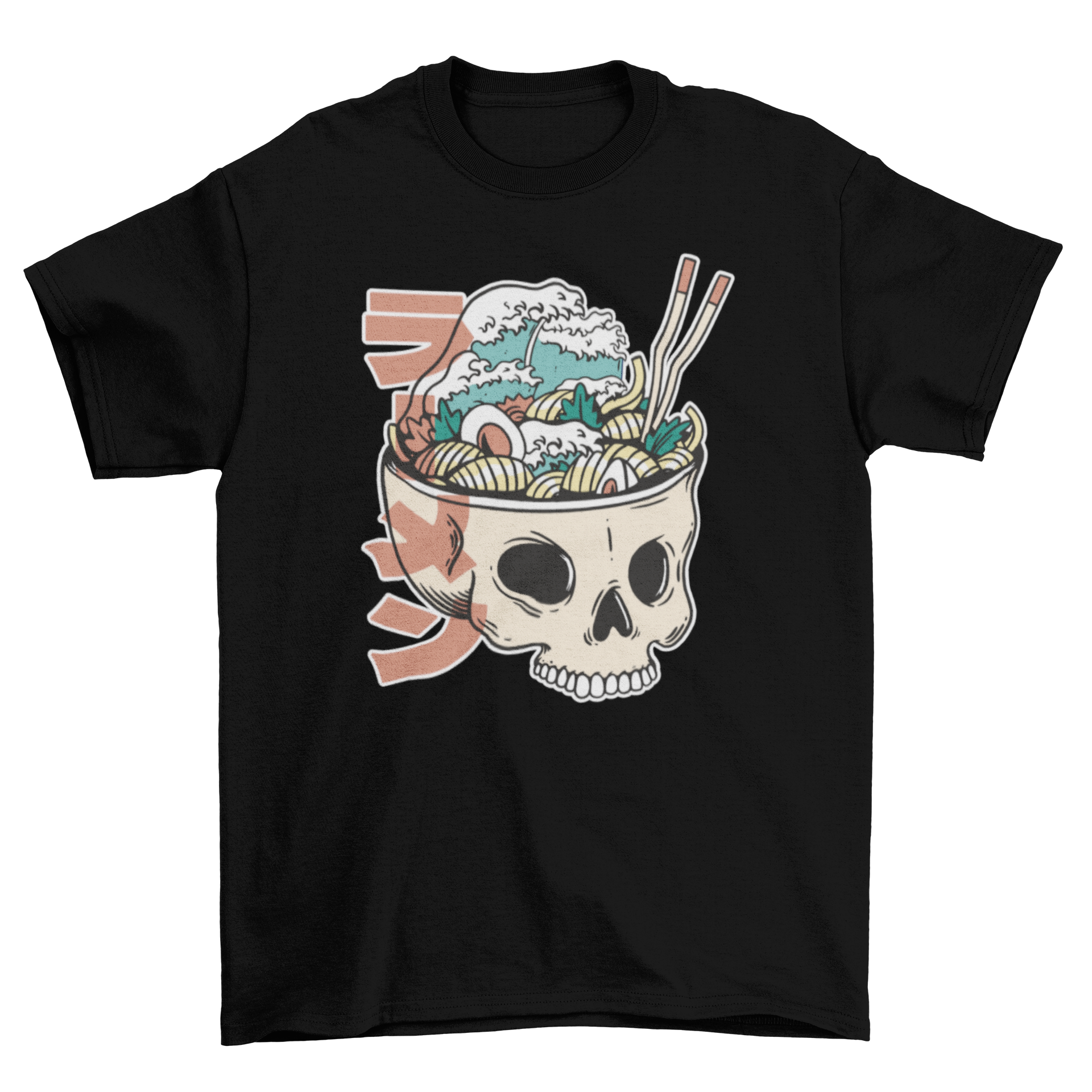 A stylish t-shirt featuring a skull design with a ramen dish and a Japanese quote meaning 'Ramen'.