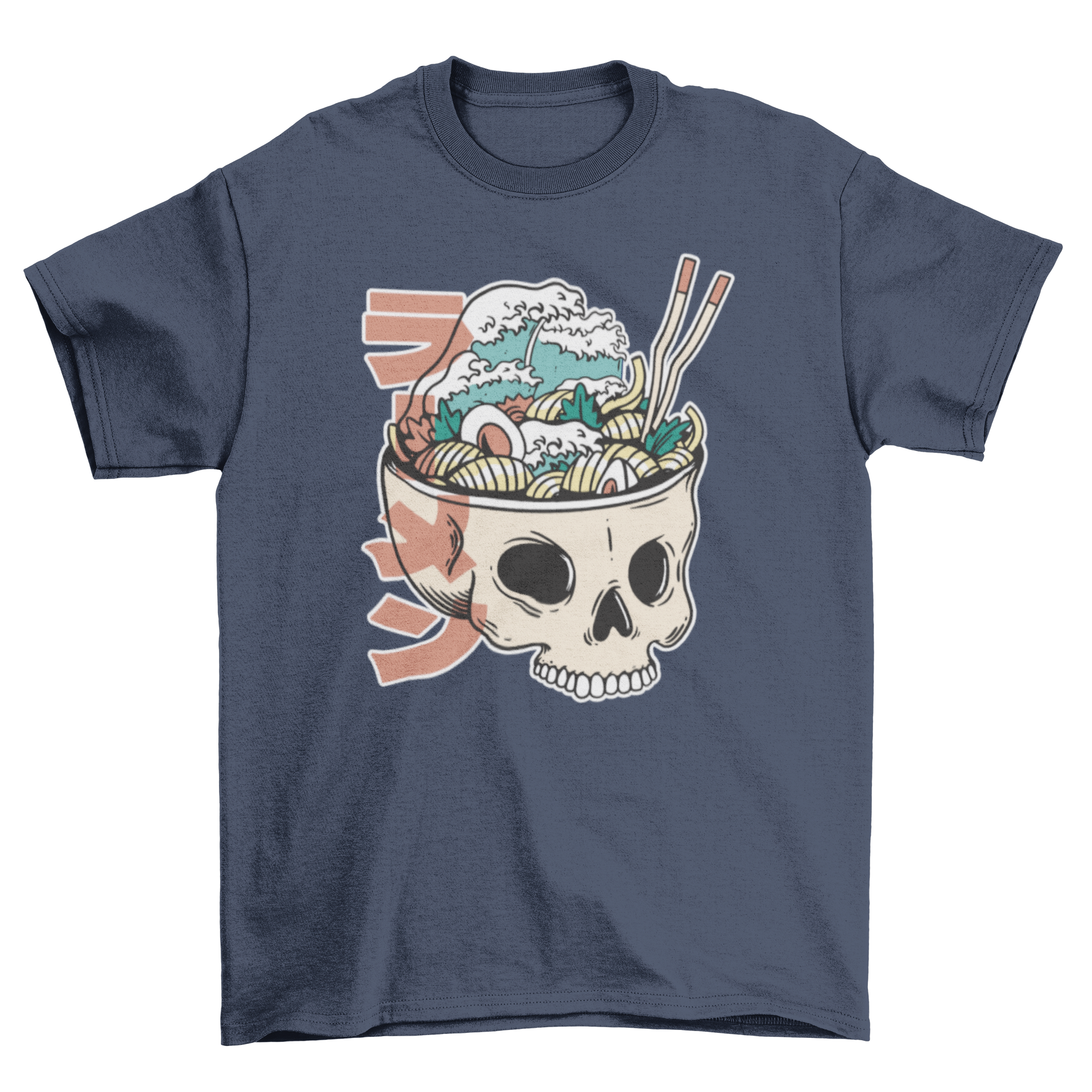 A stylish t-shirt featuring a skull design with a ramen dish and a Japanese quote meaning 'Ramen'.