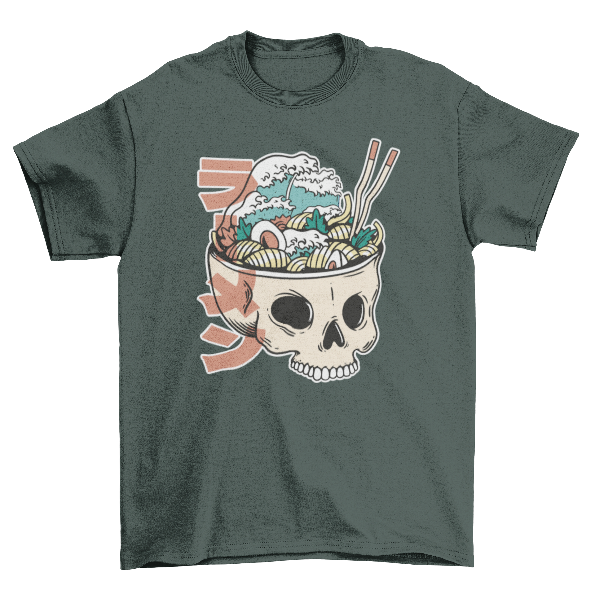 A stylish t-shirt featuring a skull design with a ramen dish and a Japanese quote meaning 'Ramen'.