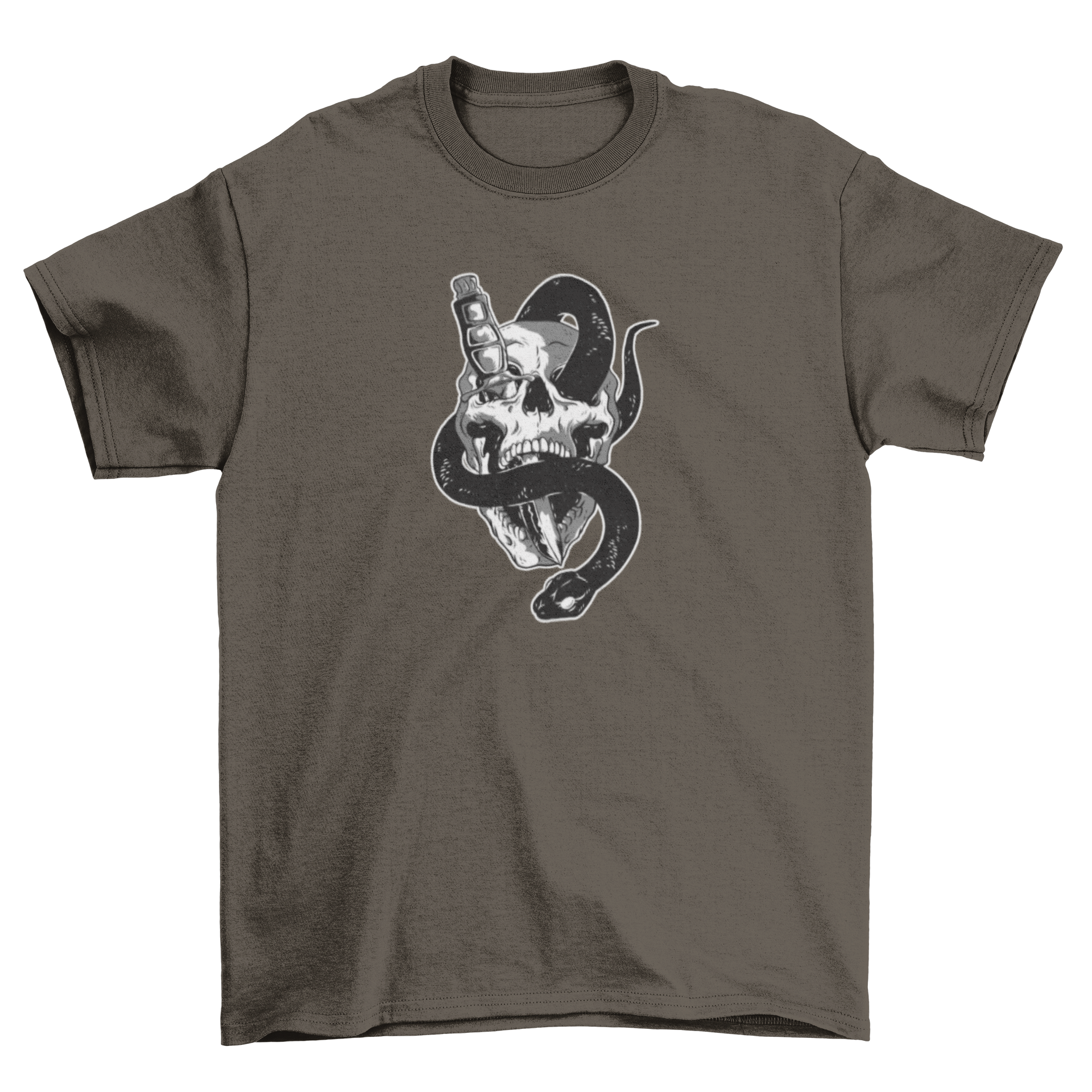 A Skull With Snake T-shirt featuring a front-facing skull with a knife through one eye and a snake through the other, showcasing a bold graphic design.