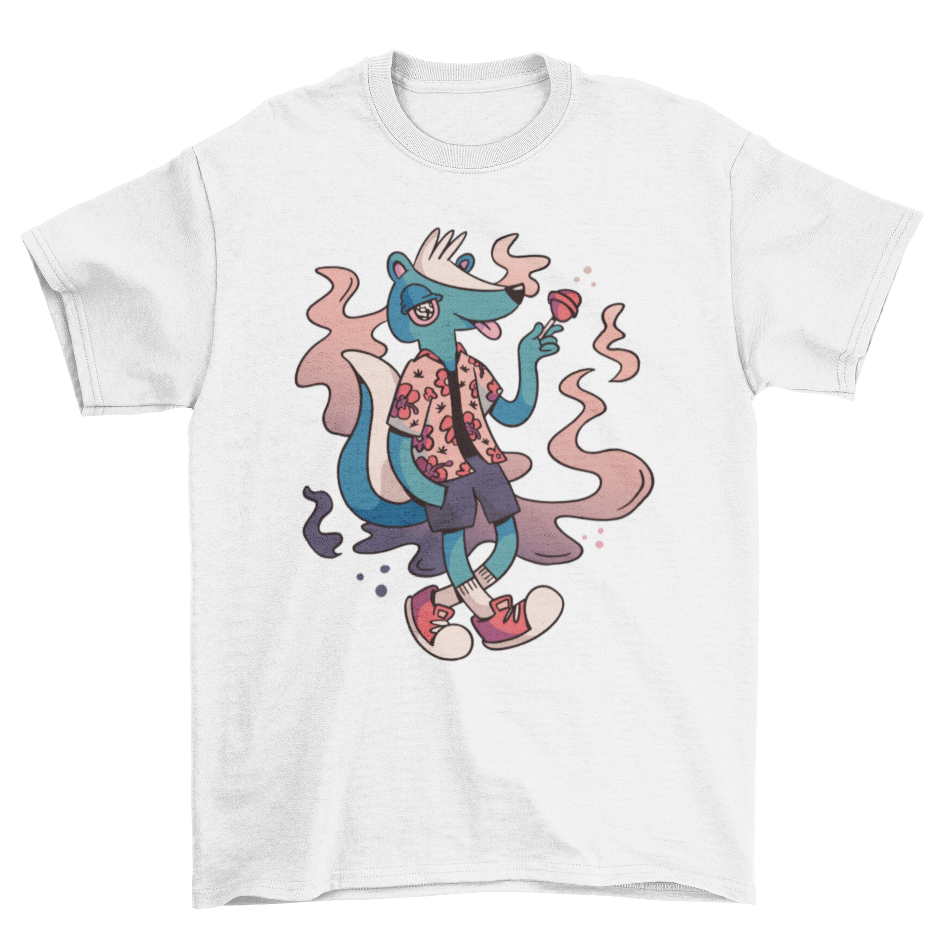 A playful t-shirt featuring a skunk in clothes holding a lollipop, showcasing vibrant colors and a fun design.