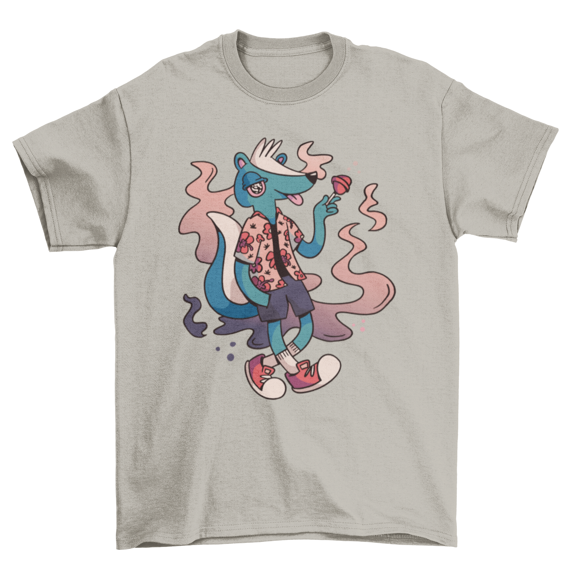 A playful t-shirt featuring a skunk in clothes holding a lollipop, showcasing vibrant colors and a fun design.