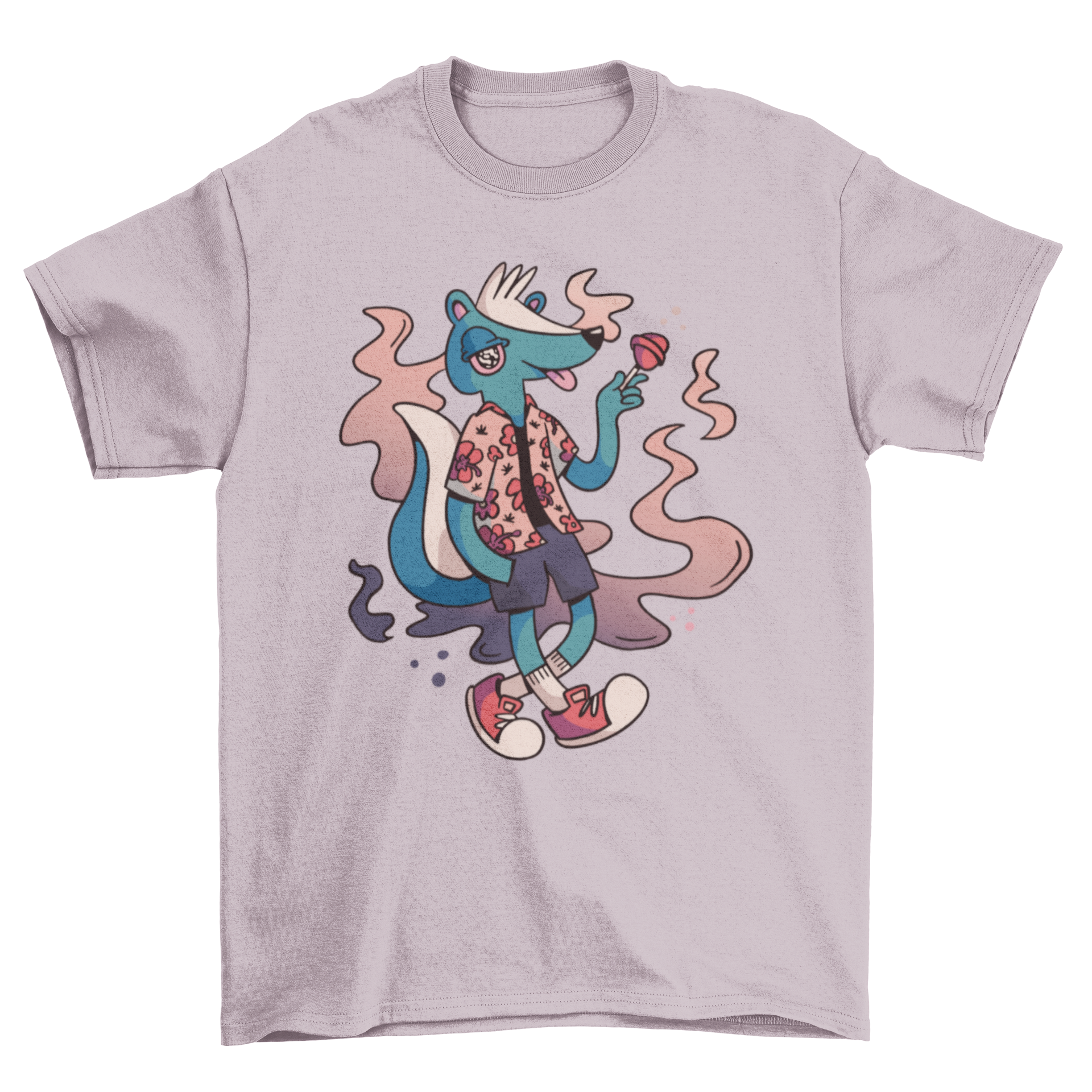 A playful t-shirt featuring a skunk in clothes holding a lollipop, showcasing vibrant colors and a fun design.