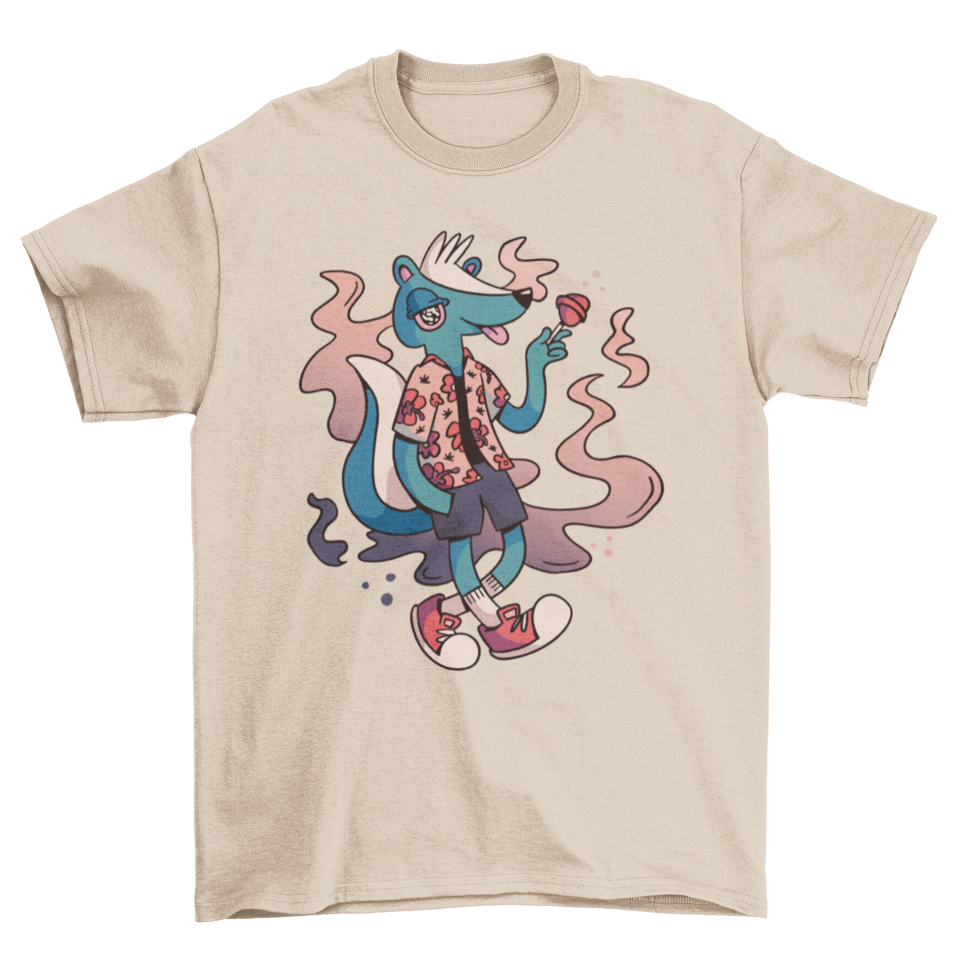 A playful t-shirt featuring a skunk in clothes holding a lollipop, showcasing vibrant colors and a fun design.