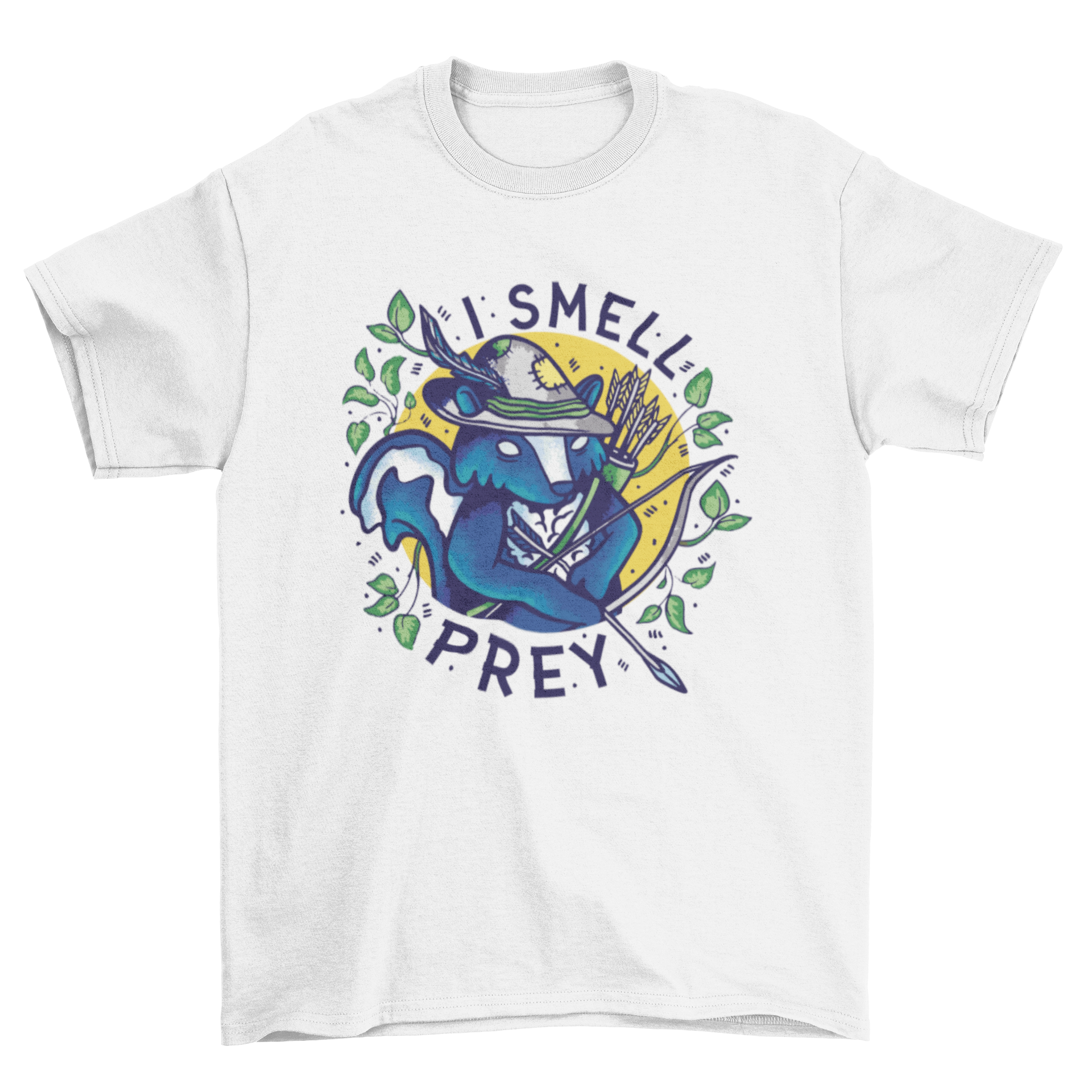 A playful t-shirt design featuring a skunk holding a bow and arrow with the quote 'I smell prey'.