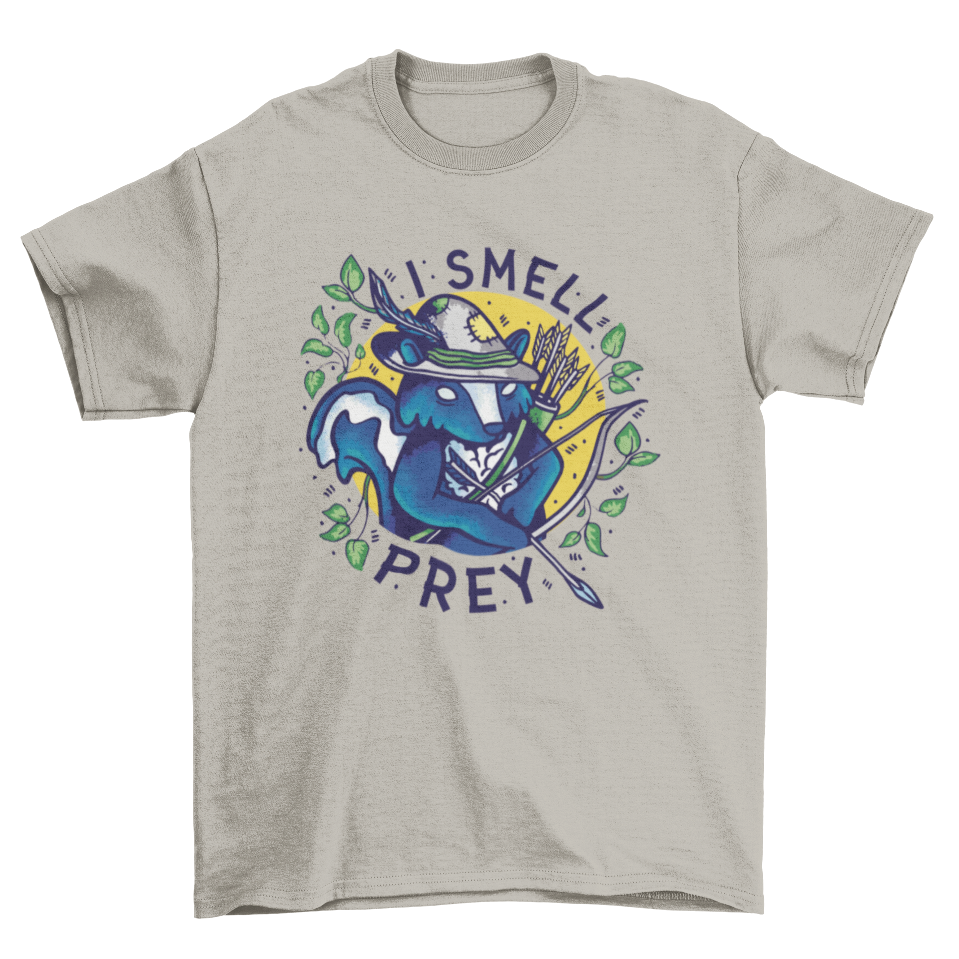 A playful t-shirt design featuring a skunk holding a bow and arrow with the quote 'I smell prey'.