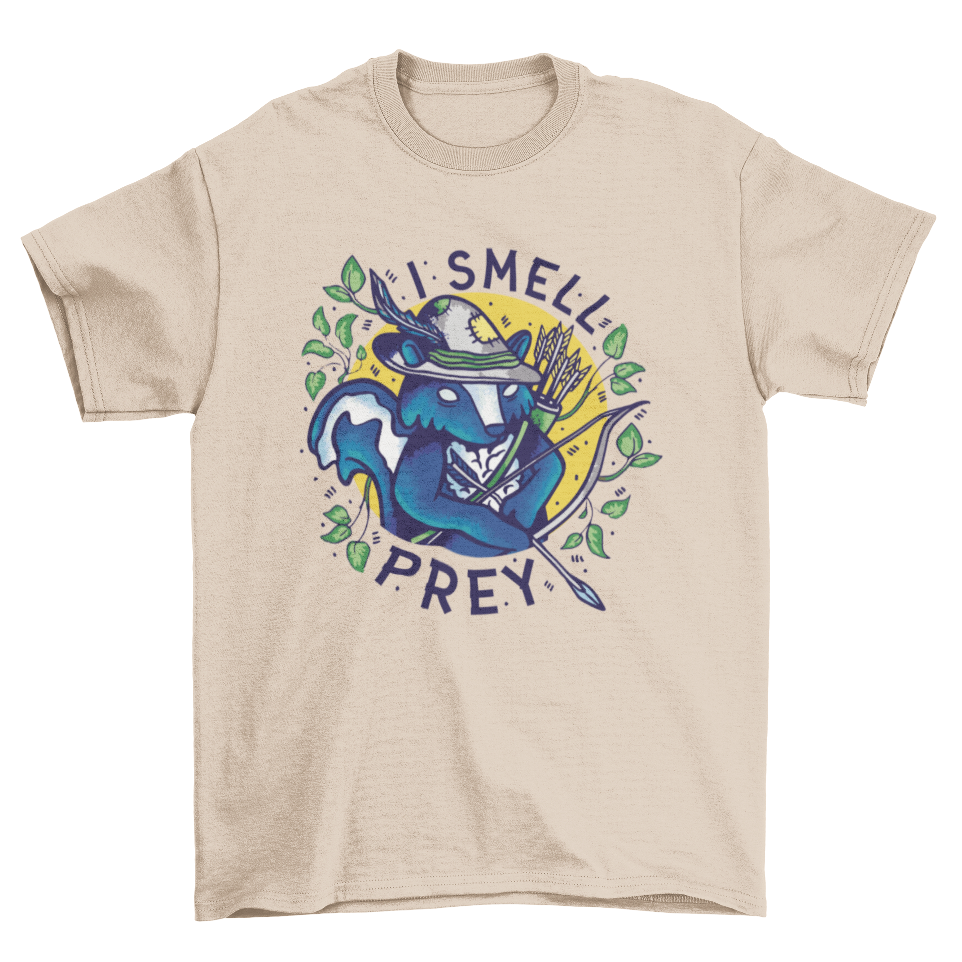 A playful t-shirt design featuring a skunk holding a bow and arrow with the quote 'I smell prey'.