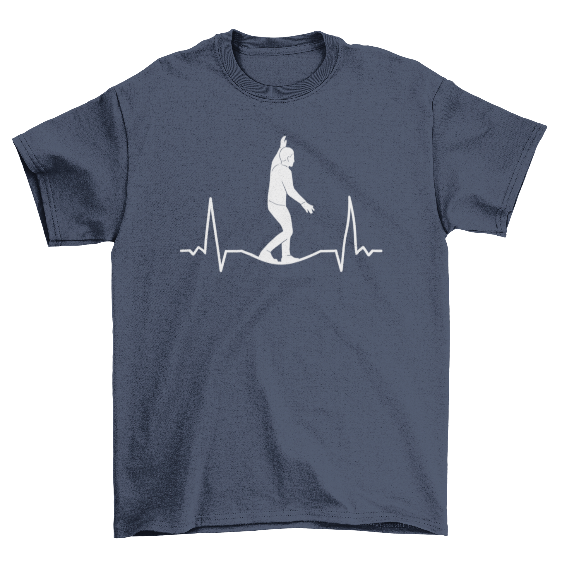 A stylish t-shirt featuring a man slacklining on a heartbeat shape, perfect for outdoor enthusiasts.