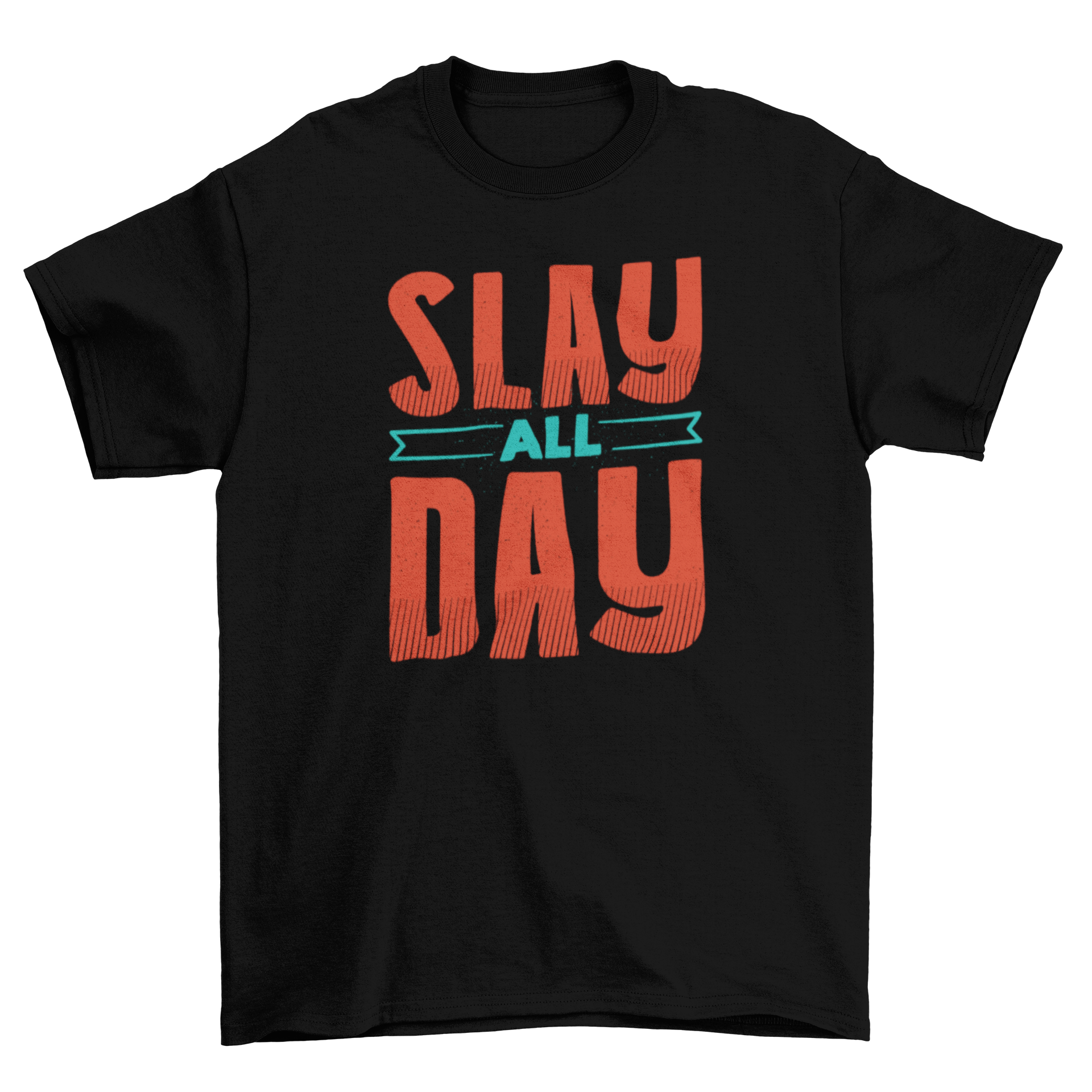 Stylish 'Slay All Day' t-shirt featuring a unique ribbon design for the word 'all'.