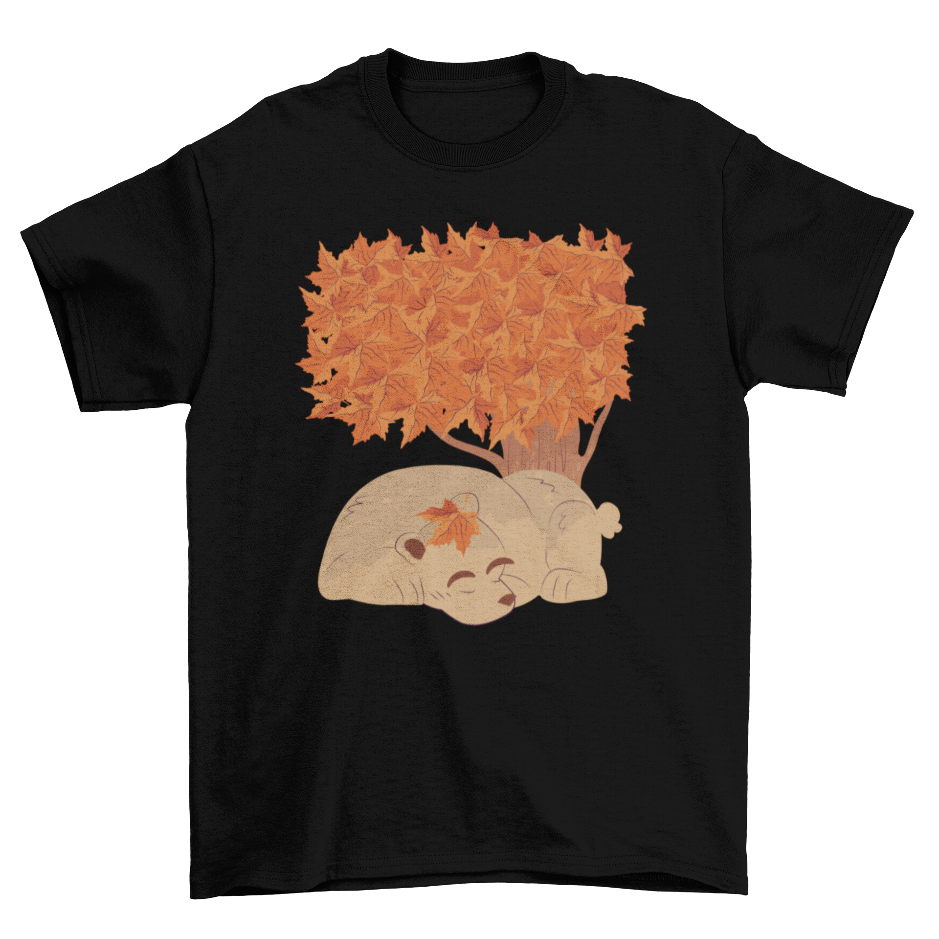 A cozy t-shirt featuring a sleeping bear illustration under a tree with autumn leaves.