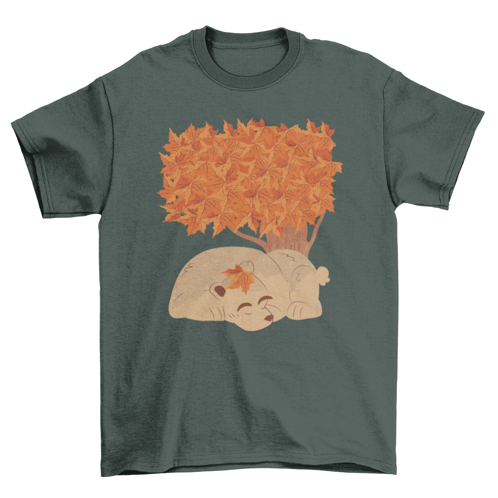 A cozy t-shirt featuring a sleeping bear illustration under a tree with autumn leaves.