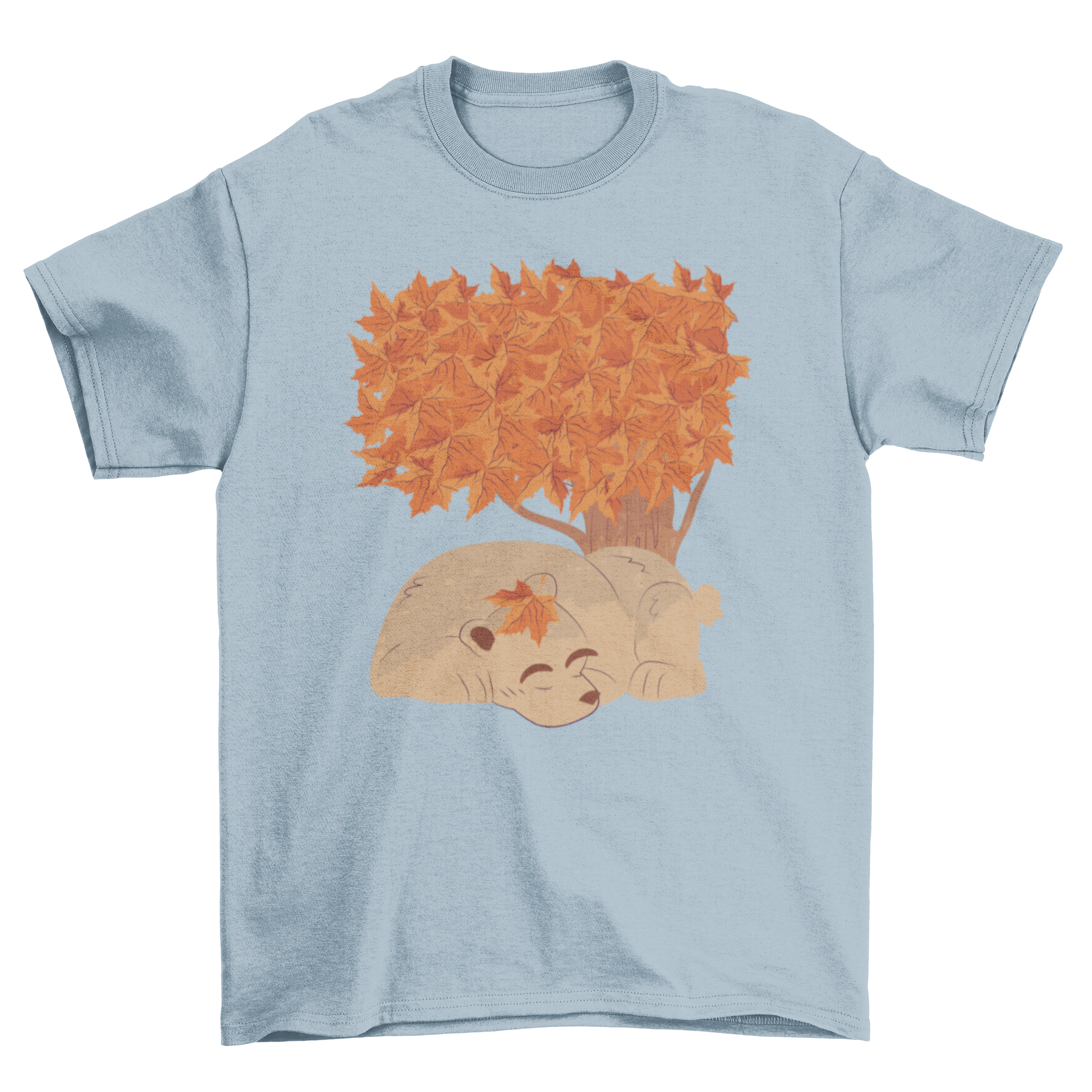 A cozy t-shirt featuring a sleeping bear illustration under a tree with autumn leaves.