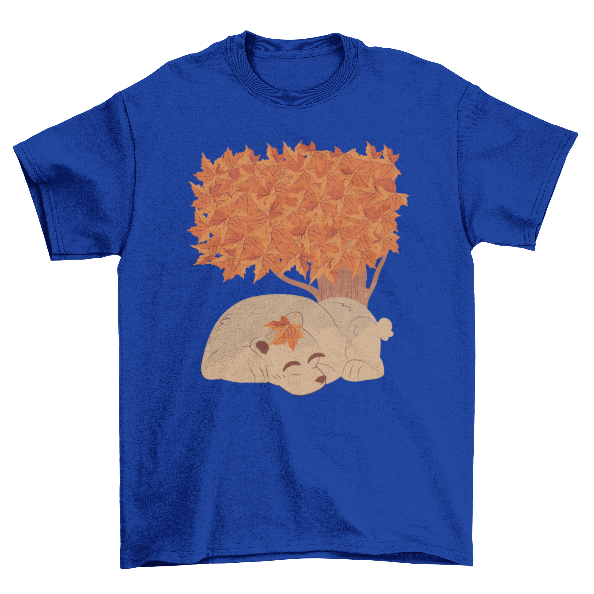 A cozy t-shirt featuring a sleeping bear illustration under a tree with autumn leaves.