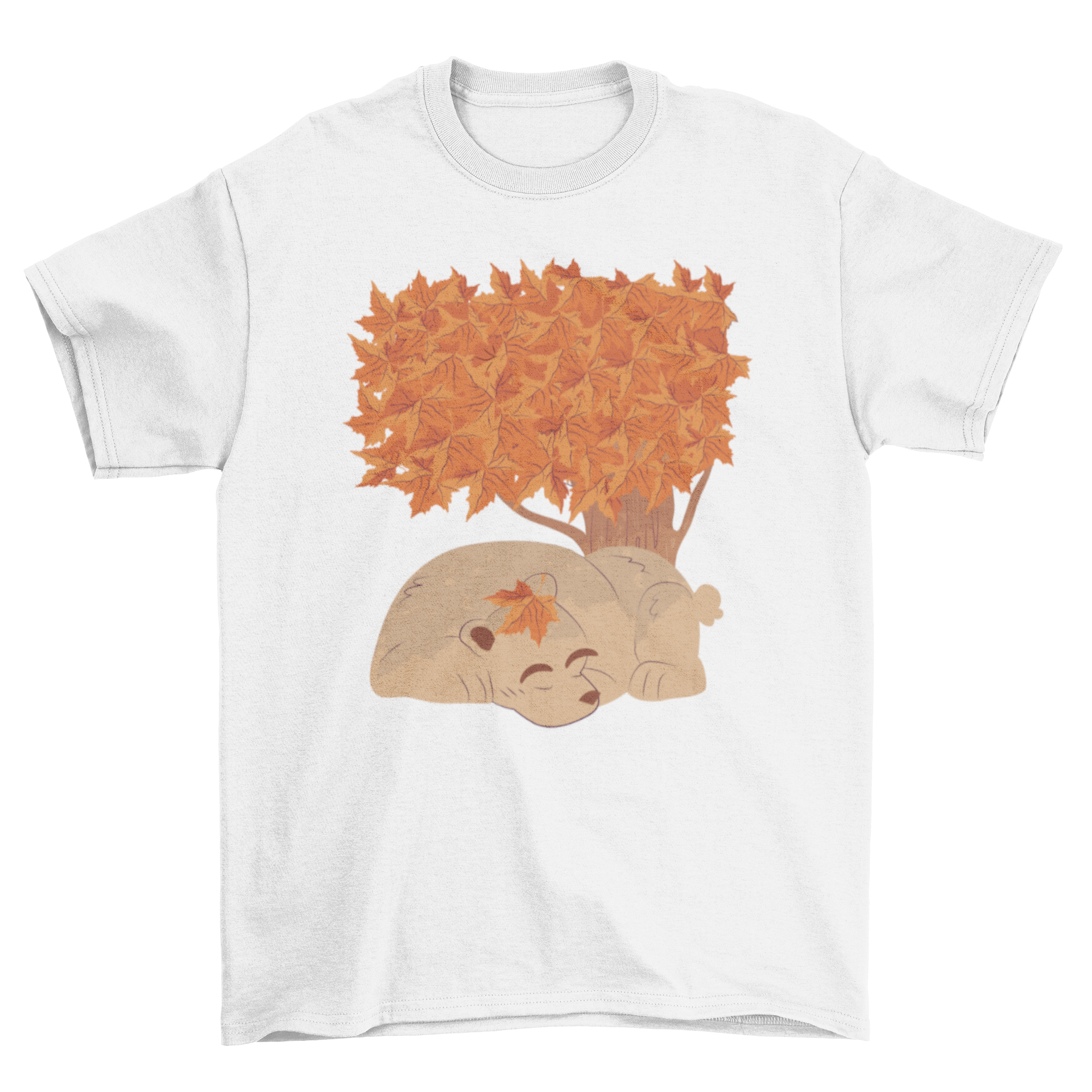 A cozy t-shirt featuring a sleeping bear illustration under a tree with autumn leaves.