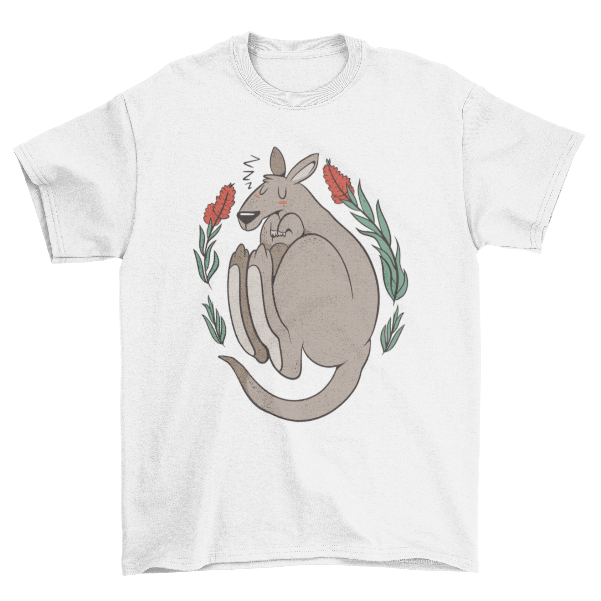 A soft t-shirt featuring a curled sleeping kangaroo surrounded by vibrant plants, perfect for casual wear.