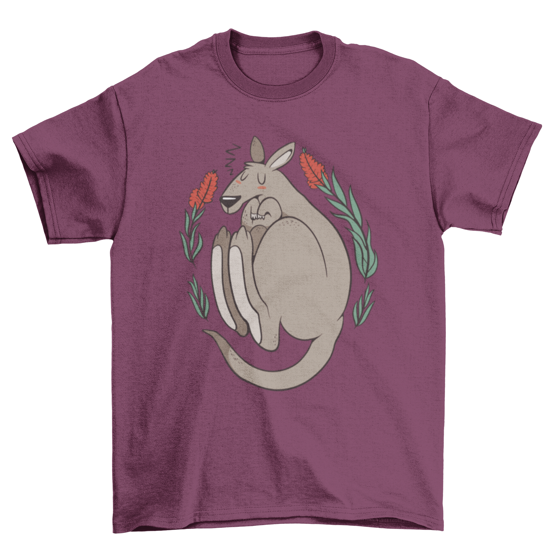 A soft t-shirt featuring a curled sleeping kangaroo surrounded by vibrant plants, perfect for casual wear.