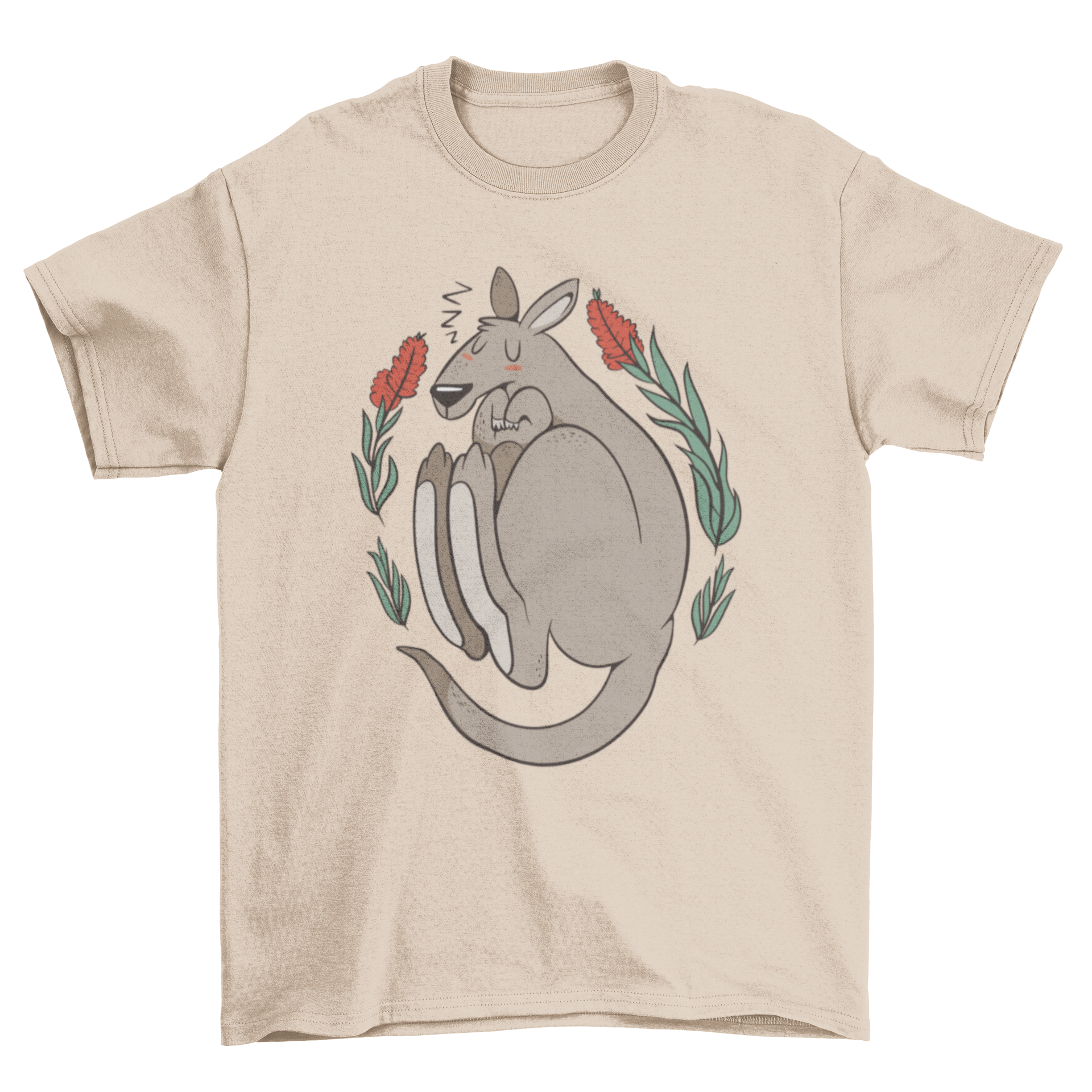 A soft t-shirt featuring a curled sleeping kangaroo surrounded by vibrant plants, perfect for casual wear.