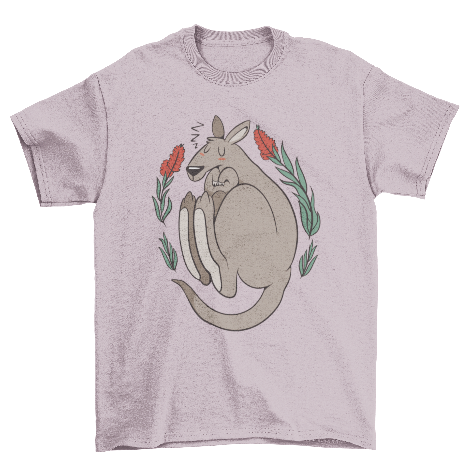 A soft t-shirt featuring a curled sleeping kangaroo surrounded by vibrant plants, perfect for casual wear.