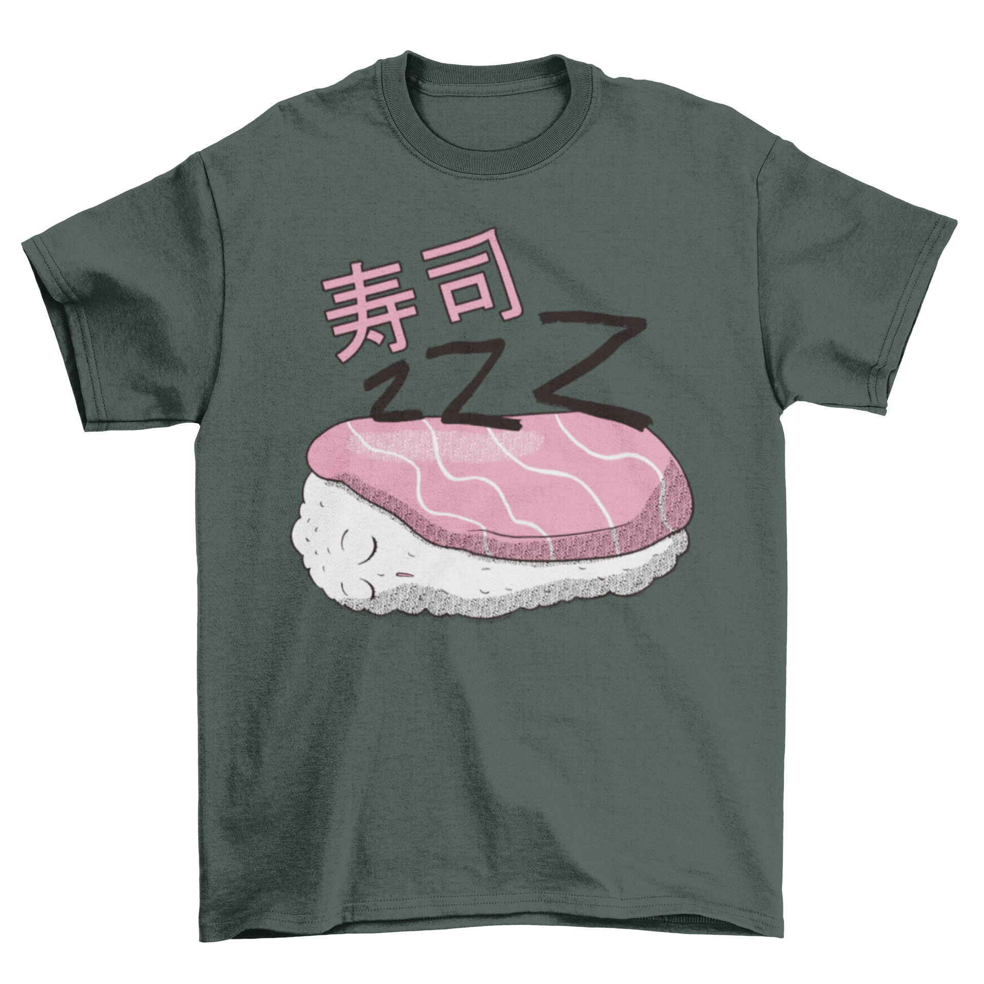 A cozy T-shirt featuring a cute design of a sleeping sushi piece, perfect for sushi lovers.