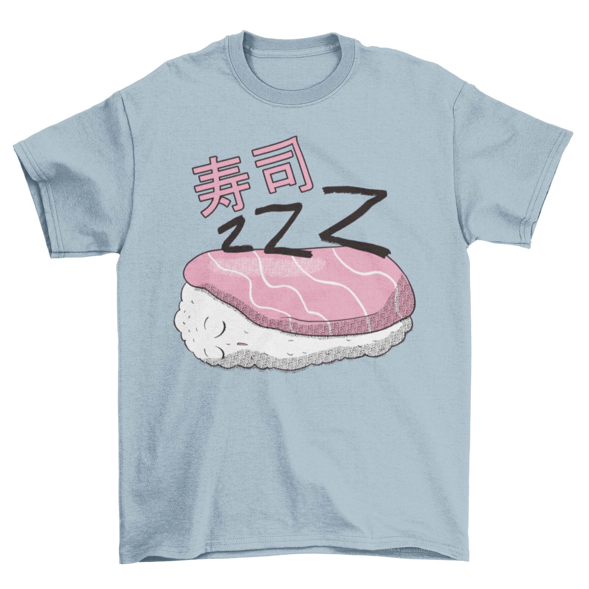 A cozy T-shirt featuring a cute design of a sleeping sushi piece, perfect for sushi lovers.