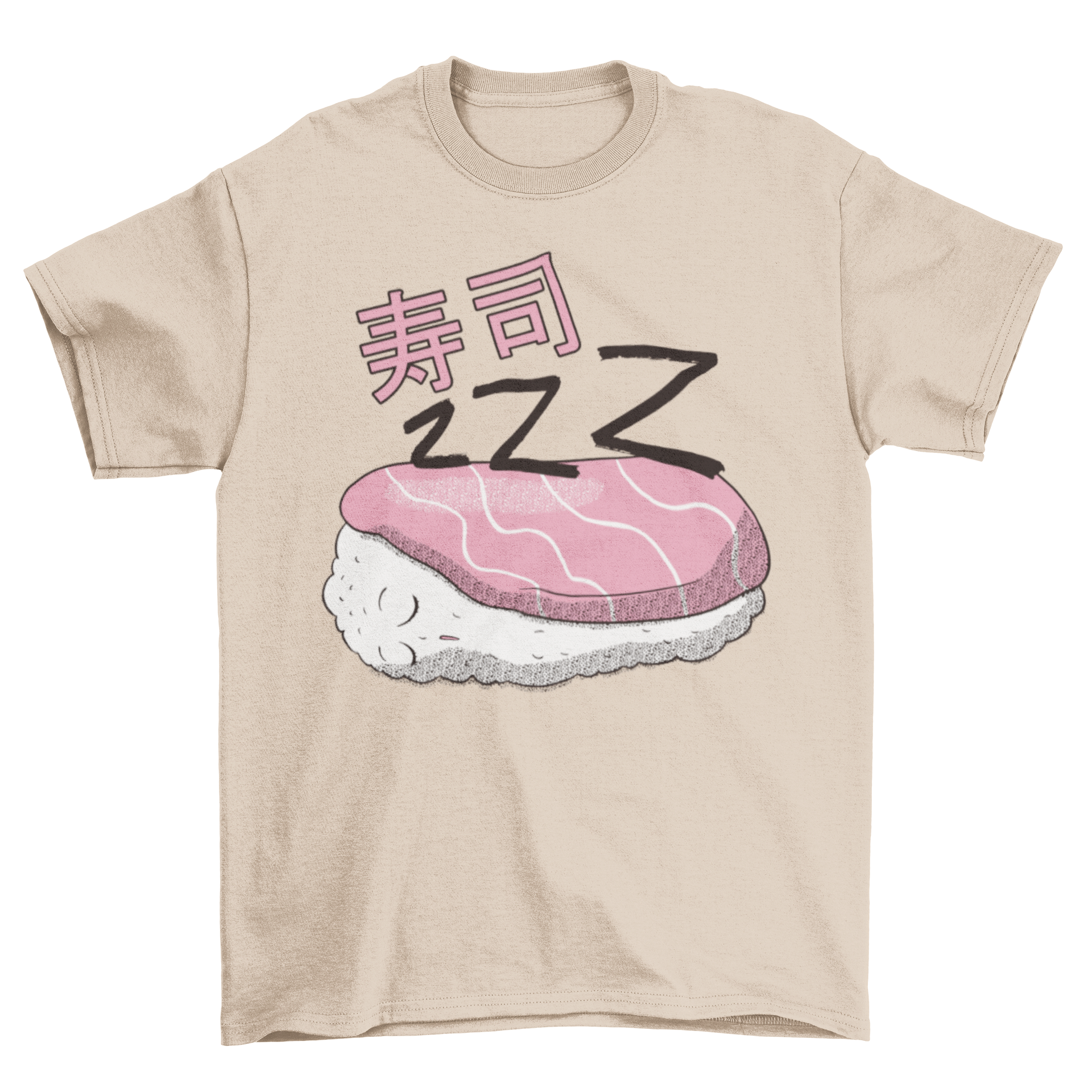 A cozy T-shirt featuring a cute design of a sleeping sushi piece, perfect for sushi lovers.