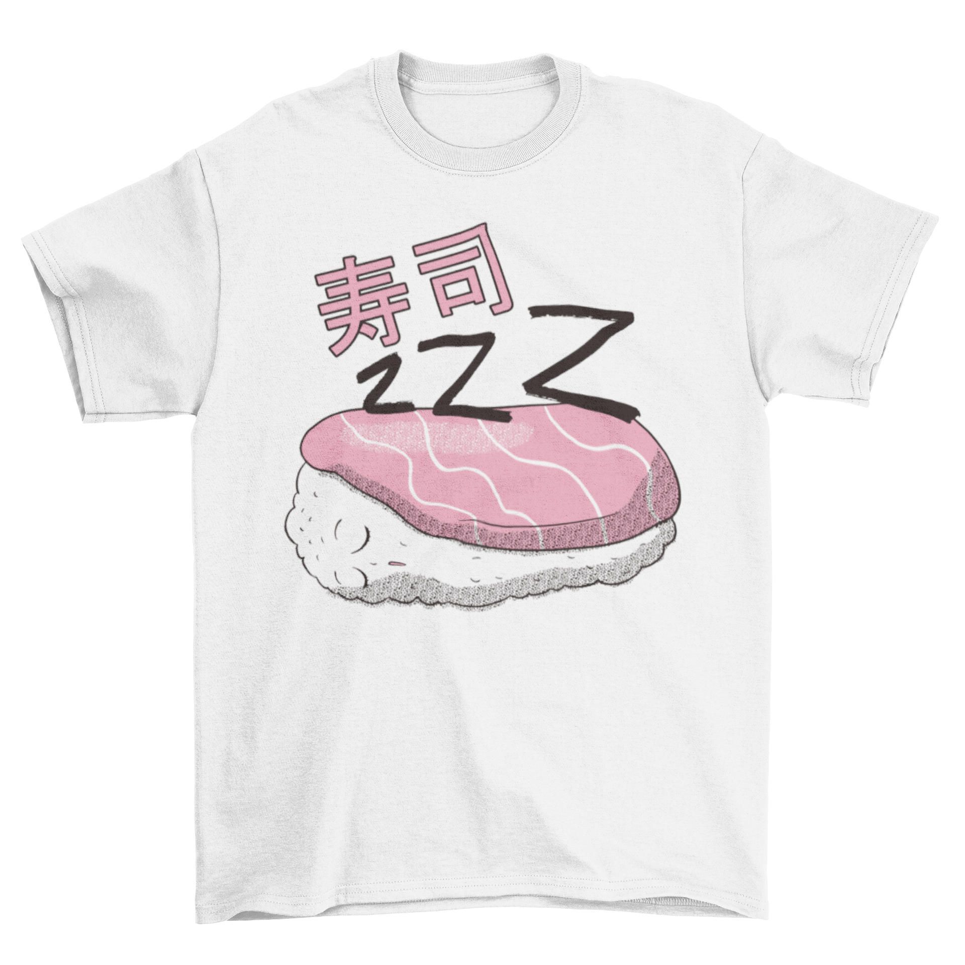 A cozy T-shirt featuring a cute design of a sleeping sushi piece, perfect for sushi lovers.