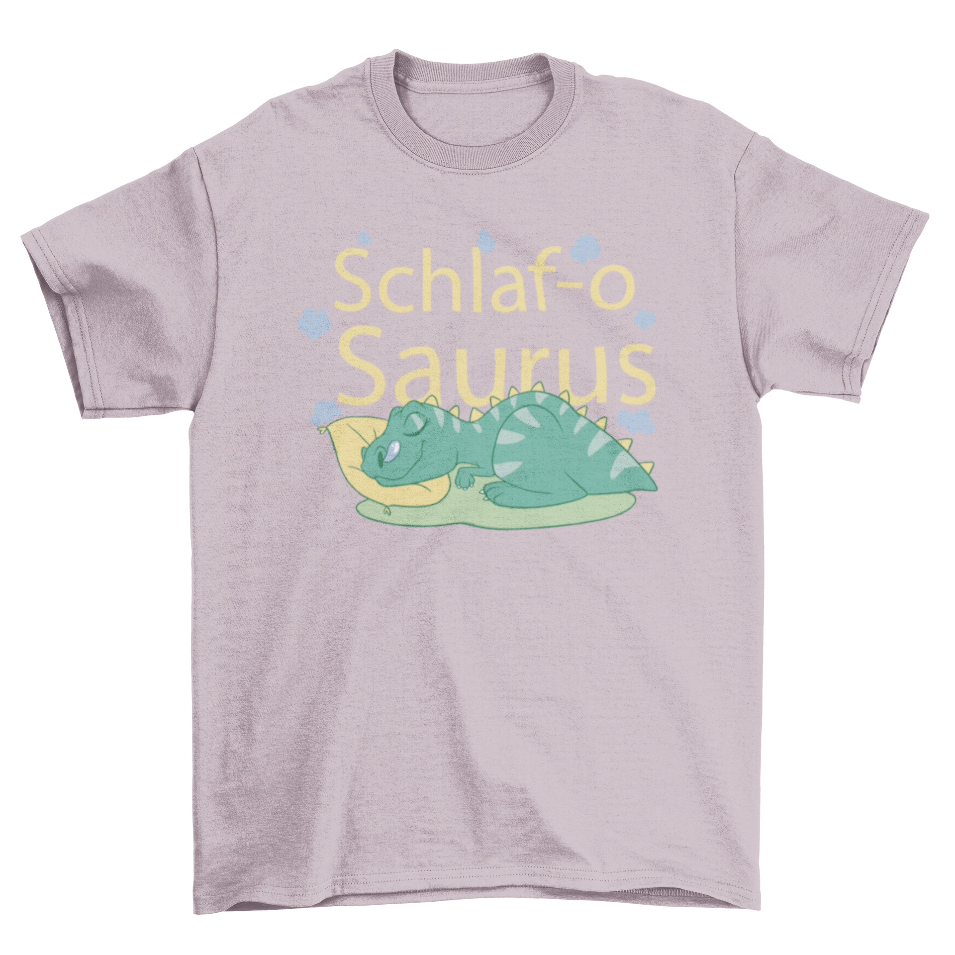 A cozy t-shirt featuring a sleeping T-Rex with the quote 'Schlaf-o-saurus', perfect for dinosaur lovers.