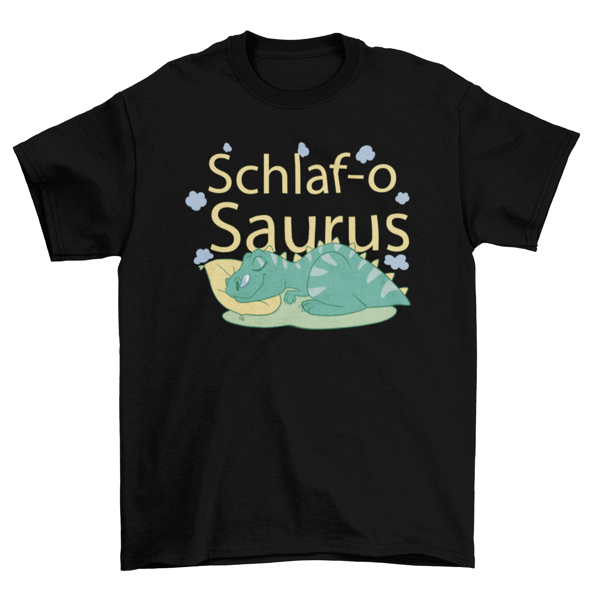 A cozy t-shirt featuring a sleeping T-Rex with the quote 'Schlaf-o-saurus', perfect for dinosaur lovers.